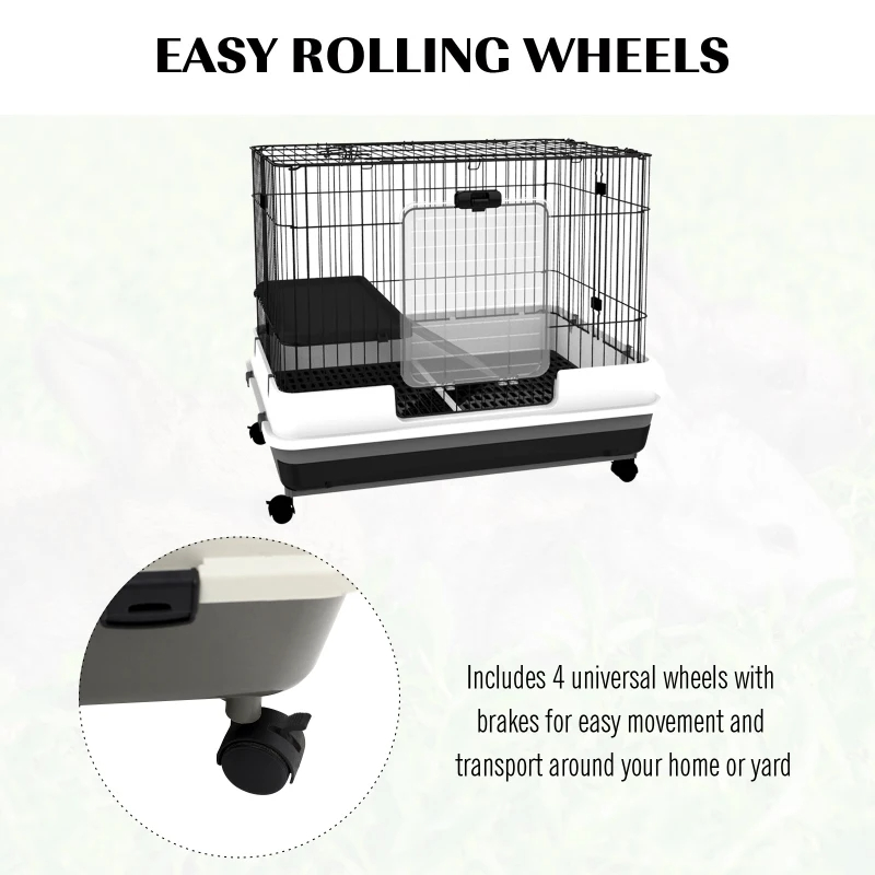 PawHut 2-Level Small Animal Cage Rabbit Hutch With Wheels, Removable Tray, Platform And Ramp For Bunny, Chinchillas, Ferret, Black — imagen 2