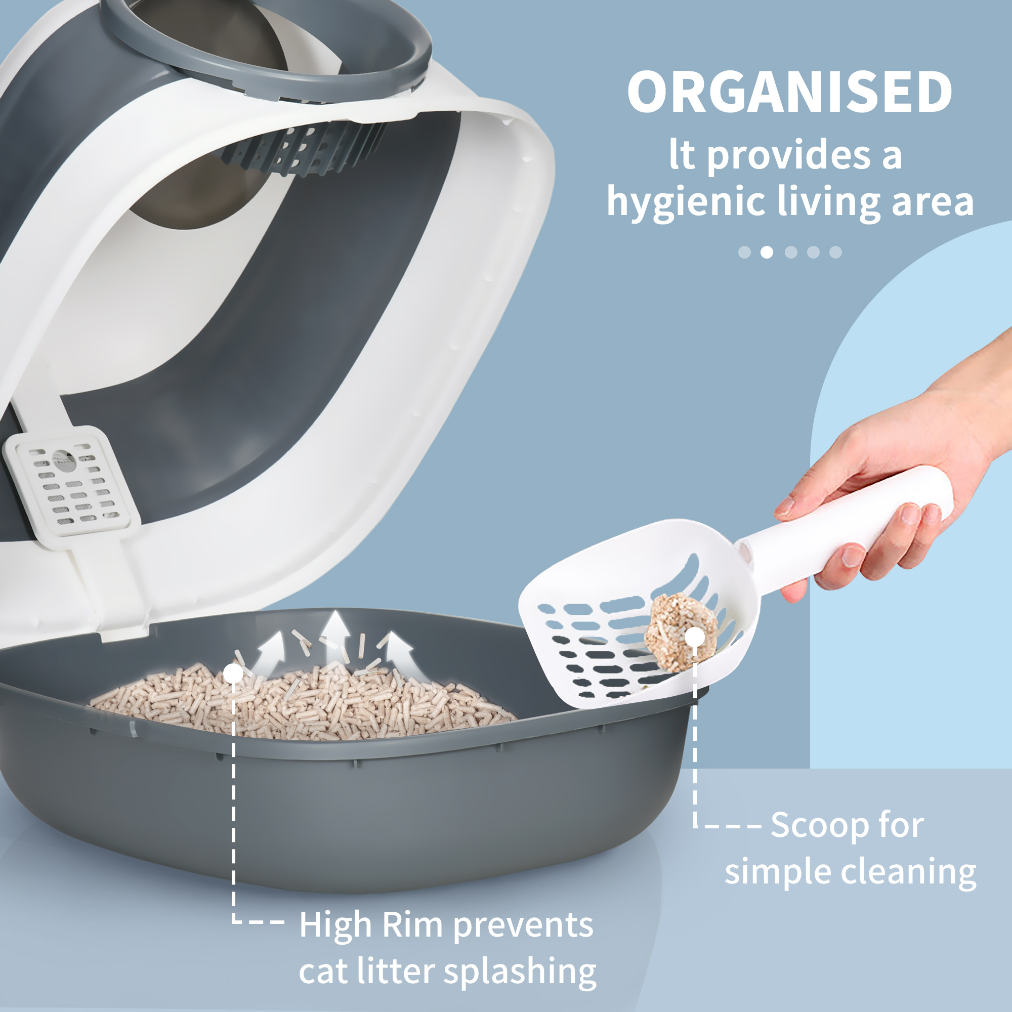 Dome Covered Cat Litter Box With Lid, White And Gray — imagen 2