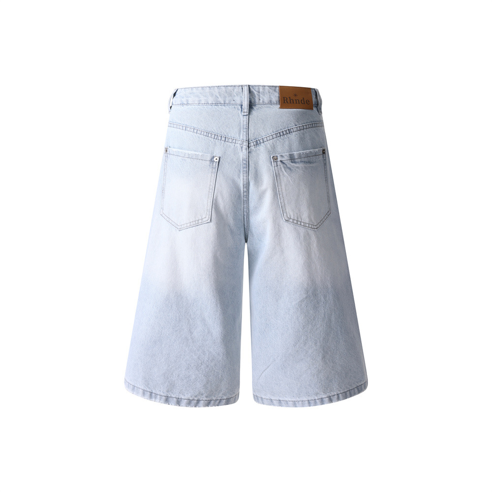 Cartoon horse embroidery light colored washed denim shorts — image 3