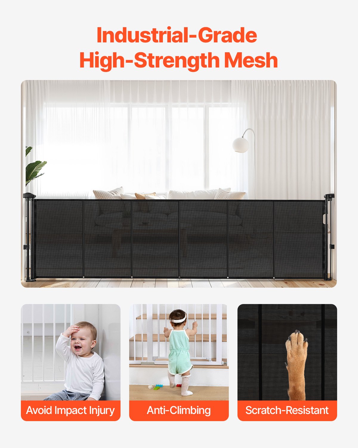 Puerta Retráctil para Niños o Mascotas, 86 cm de Alto, Se Extiende Hasta 279 cm de Ancho, Puerta Retráctil Fácil de Instalar para Escaleras, Pasillos, Dormitorios, Materiales de Red, Color Negro — imagen 2