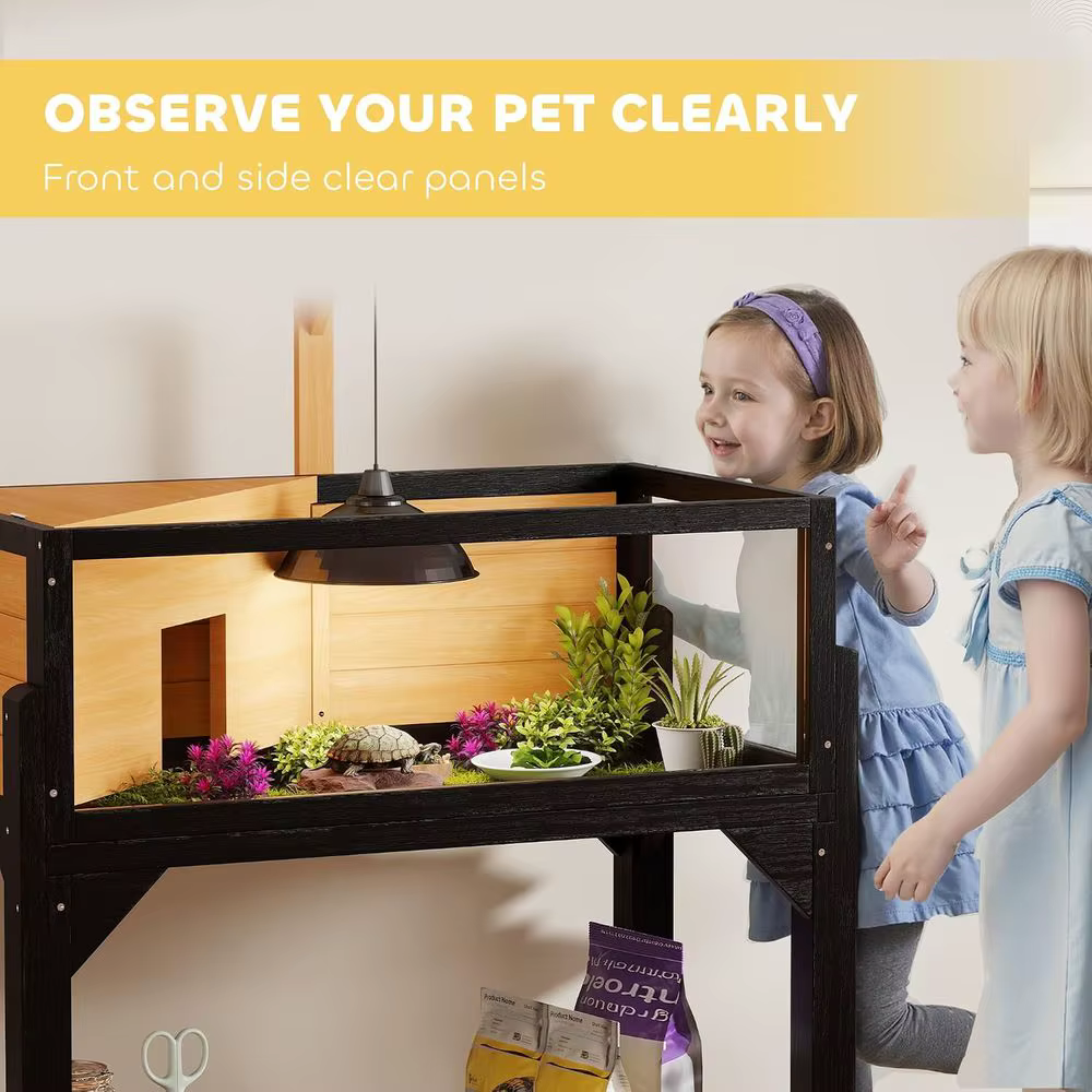 Tortoise Habitat w/Storage Shel, Clear Windows, Lamp Holder Yellow | Wooden Tortoise Enclosure, Openable Top, Built-in Tray, Rep — image 4