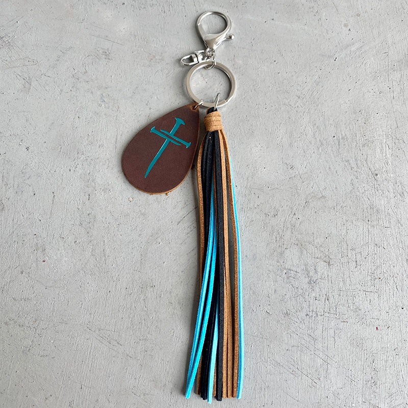 Crazy Horse Skin Keychain Texture Hot Gold Sunflower Cross Droplet Shape Keyring Leather Tassel Pendant — image 7