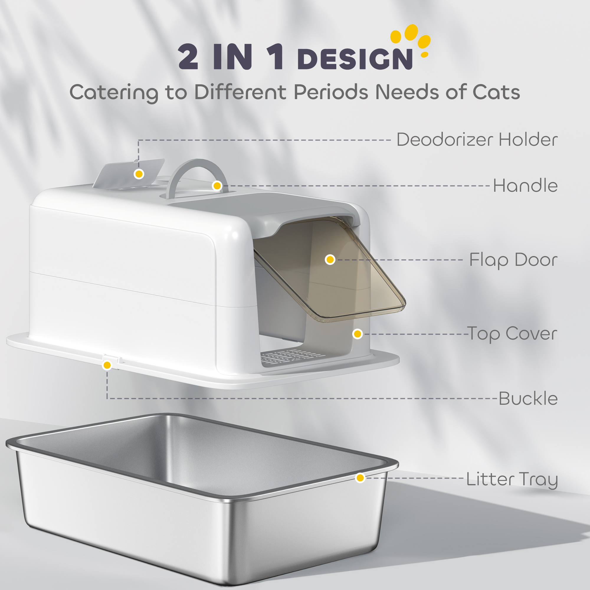 Caja de Arena para Gatos de Acero Inoxidable 2 en 1 con Tapa Removible, Pala, Bolsas Filtro, Para Gatos de Pequeños a Grandes, Blanco — imagen 2