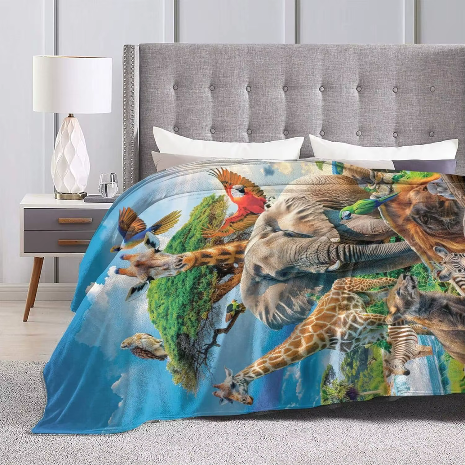 Manta de Animales del Zoológico – Muy Suave Cobertor Temático de Selva con Elefantes, Jirafas y Cebras para Niños y Adultos — imagen 4