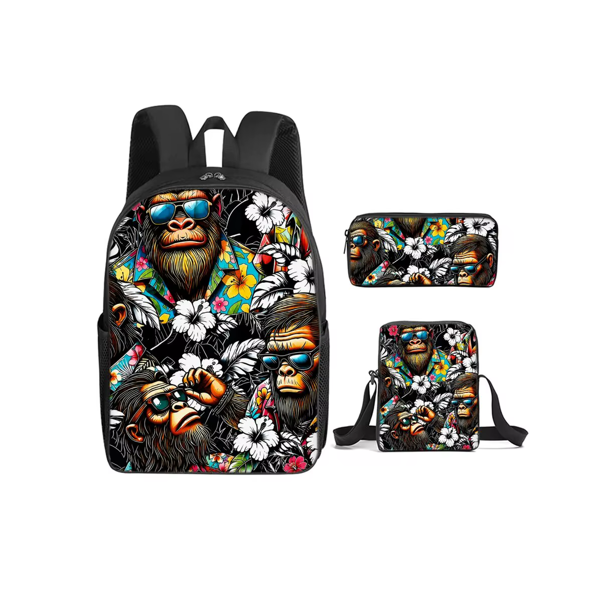 Hot Dog Chimpanzee Print 3Pcs/Set Backpack with Messenger Bag, Pencil Bags for Boy/Girl Best Gift Cartoon Student School Bags — image 1