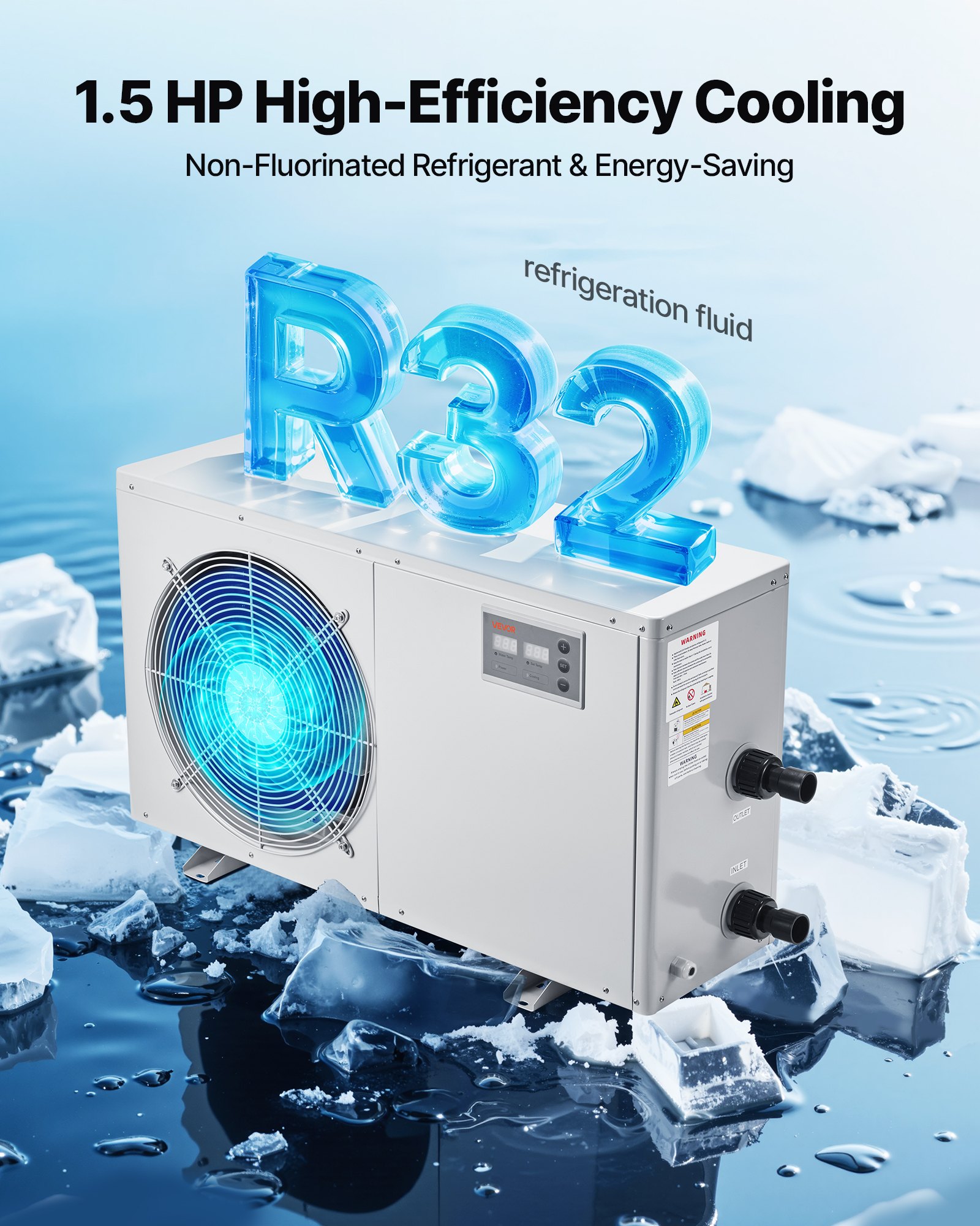 Aquarium Chiller 500 Gallon, 1-1/2 HP Water Chiller For Hydroponics, Fast Cooling For Fish Tank, Axolotl, Coral Reef, Quiet Refrigeration Compressor, Titanium Evaporator, Complete Fittings — imagen 3