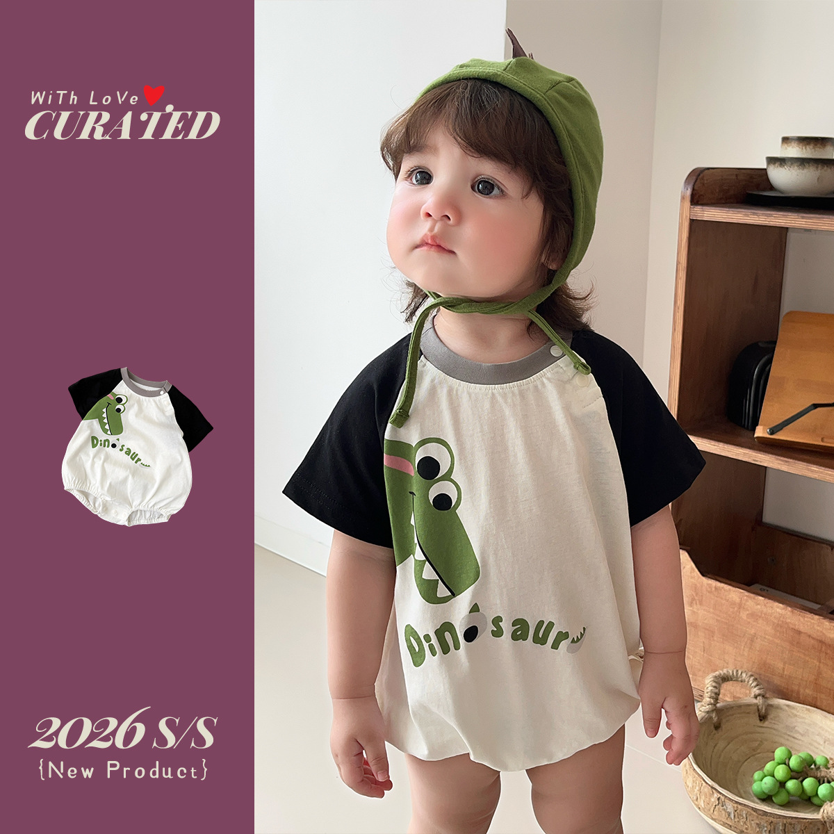 Short Sleeve Romper for Boys with Dinosaur Print and Raglan Sleeves Summer Baby Outfit — image 4