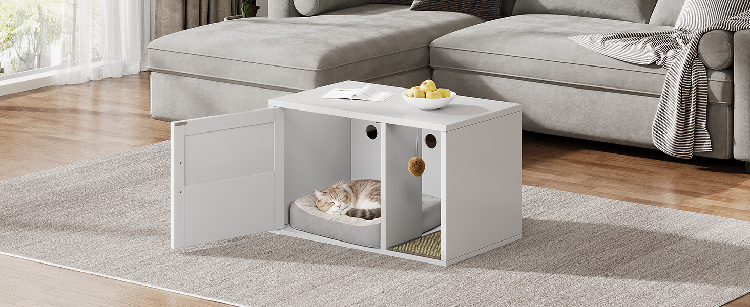 Caja de Limpieza para Gatos Multifuncional de Diseño Blanco Moderno Casa para Gatos con Lavabo y Mesa de Sílabo para Dormitorio y Salón — imagen 36