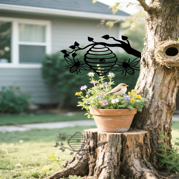 Arte de Pared de Hierro Amarillo Solano con Abeja y Silueta de Árbol para Exterior - Decoración de Jardín Colgante — imagen 3