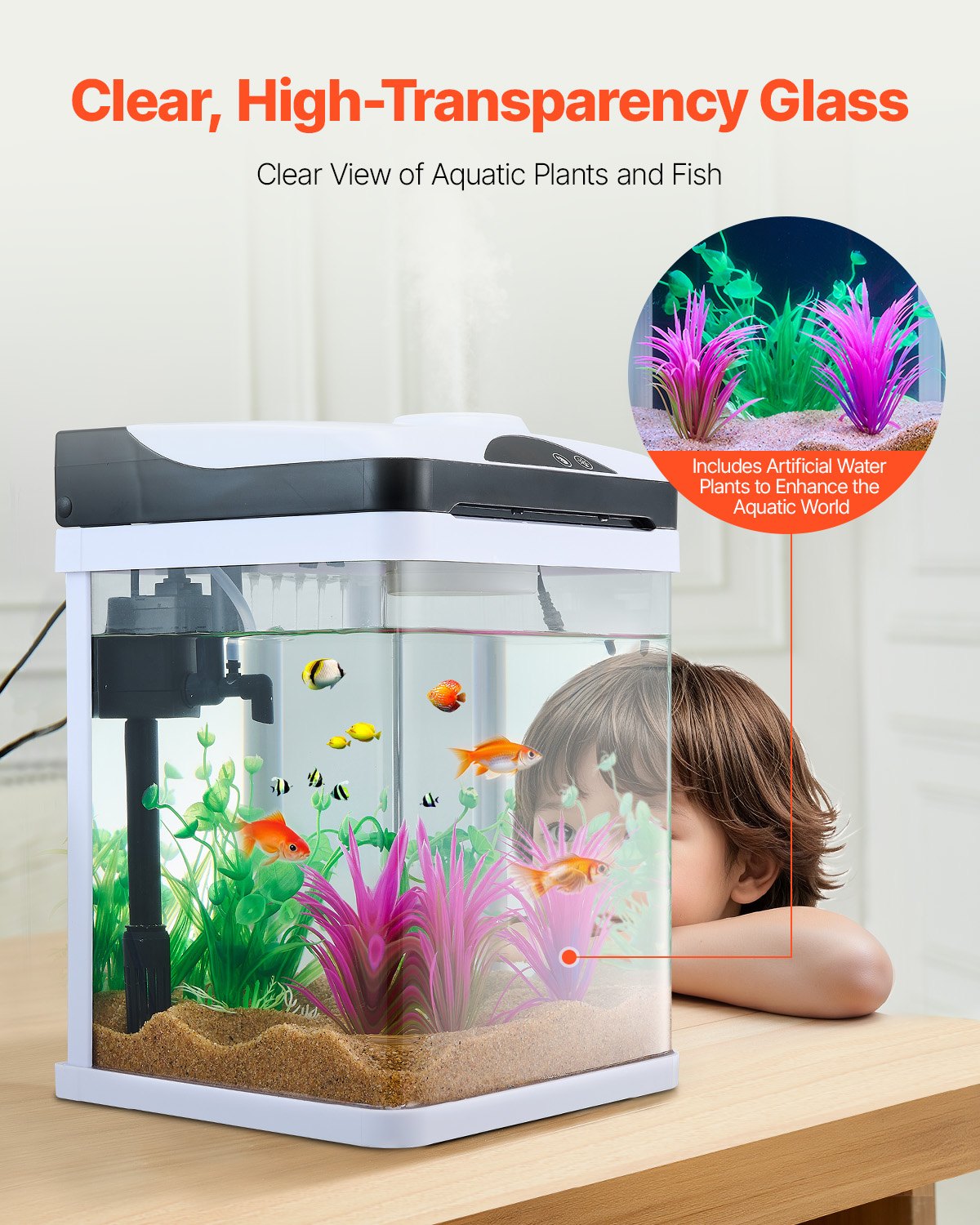 Acuario de 2 Galones Pecera Inteligente Cuadrada de Vidrio Transparente con LED 7 Colores y Autolimpieza — imagen 4