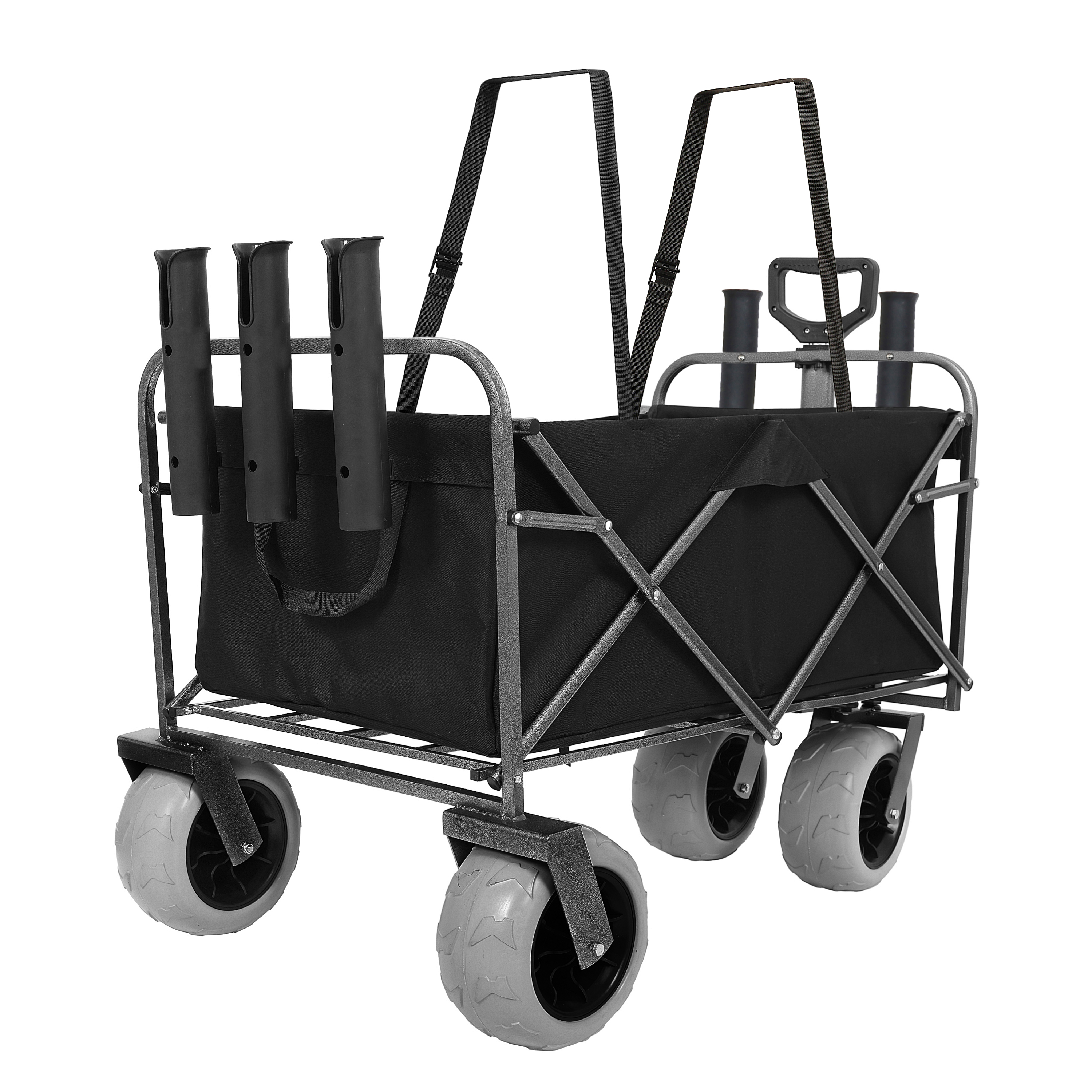 Fishing Cart With Rod Holders Beach Wagon With Big Wheels For Sand 500lbs Capacity - All Terrain Steel Frame Utility Cart With 9 Pneumatic Tires Strap With Multiuse Bag Black — imagen 5