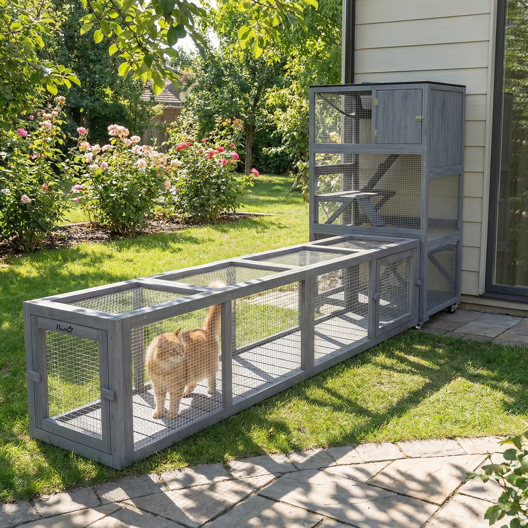 Túnel de Gato de Madera con Protección Climática, Conectable Interior y Exterior, 79"L x 15"W x 15"H, Gris Oscuro — imagen 1