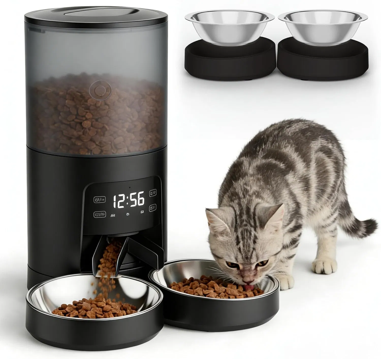 Automatic Cat Feeder for 2 Cats, Timed Cat Food Dispenser with 2 Stainless Bowls, 10s Voice Recorder, Dual Power Supply, 6 Meals 50 Portions Per Day, Dual Pet Feeder for Cat and Dog — image 5