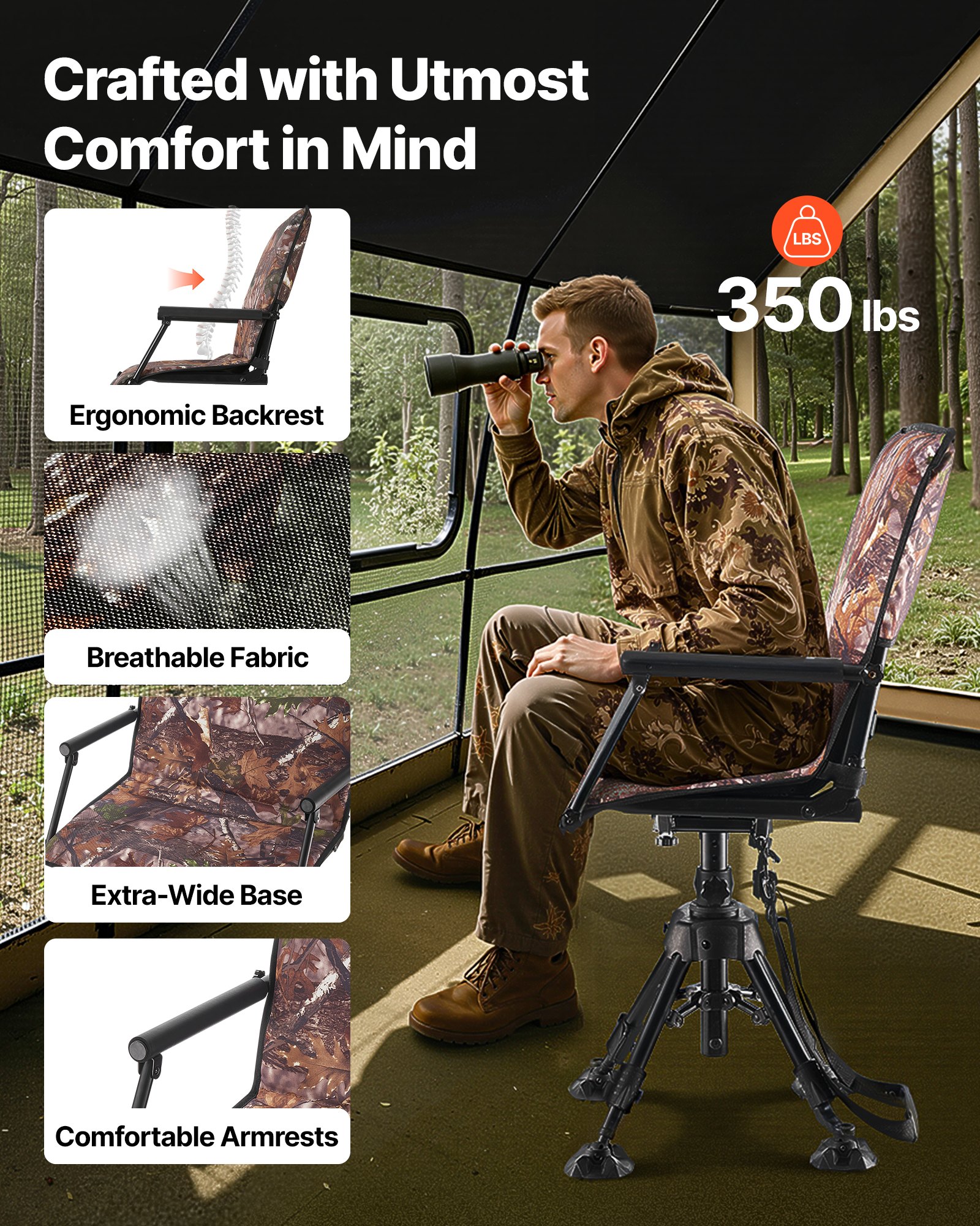 Silla de Caza Silenciosa 360°, Asiento Portátil Plegable con Blindaje, Estructura de Acero Pesada, Con Reposabrazos y Cubierta, Talones Antideslizantes, Ajuste de Altura, Capacidad para 158 kg — imagen 2