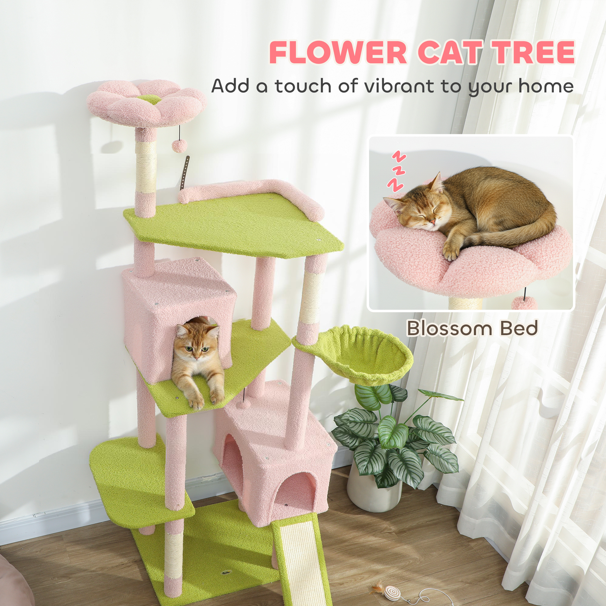 74" Flower Cat Tree, Large Cat Tower with Scratching Post & Board for Indoor Cats, Pink — image 6