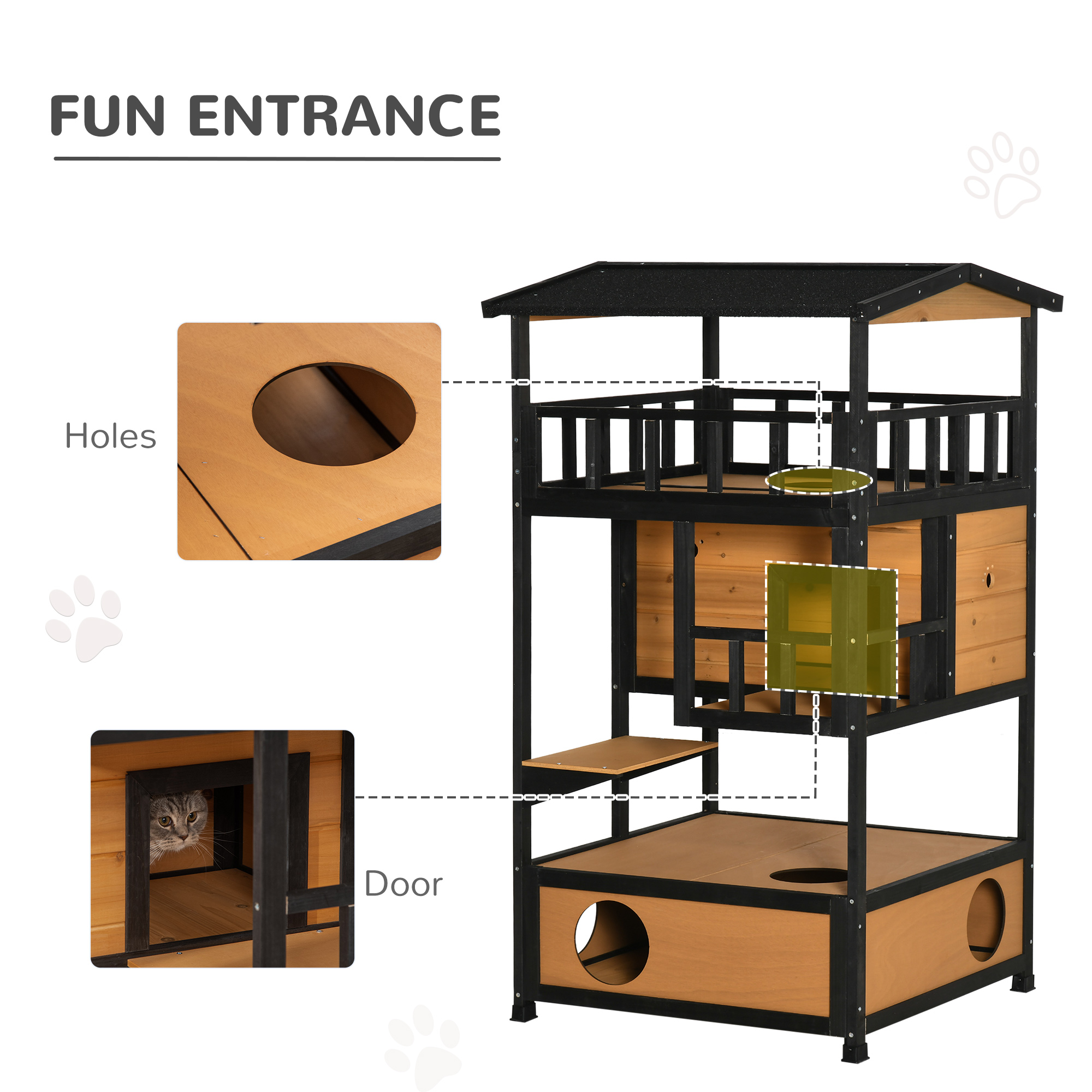 Wooden Outdoor Cat House, Feral Cat Shelter Kitten Condo with Asphalt Roof, Escape Doors, Condo, Jumping Platform, Yellow — image 2