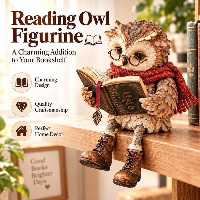 Reading Owl Figurine – Creative Owl Statue with Glasses, Scarf, Boots & Open Book, Bookshelf & Reading Nook Decor Sculpture — image 8