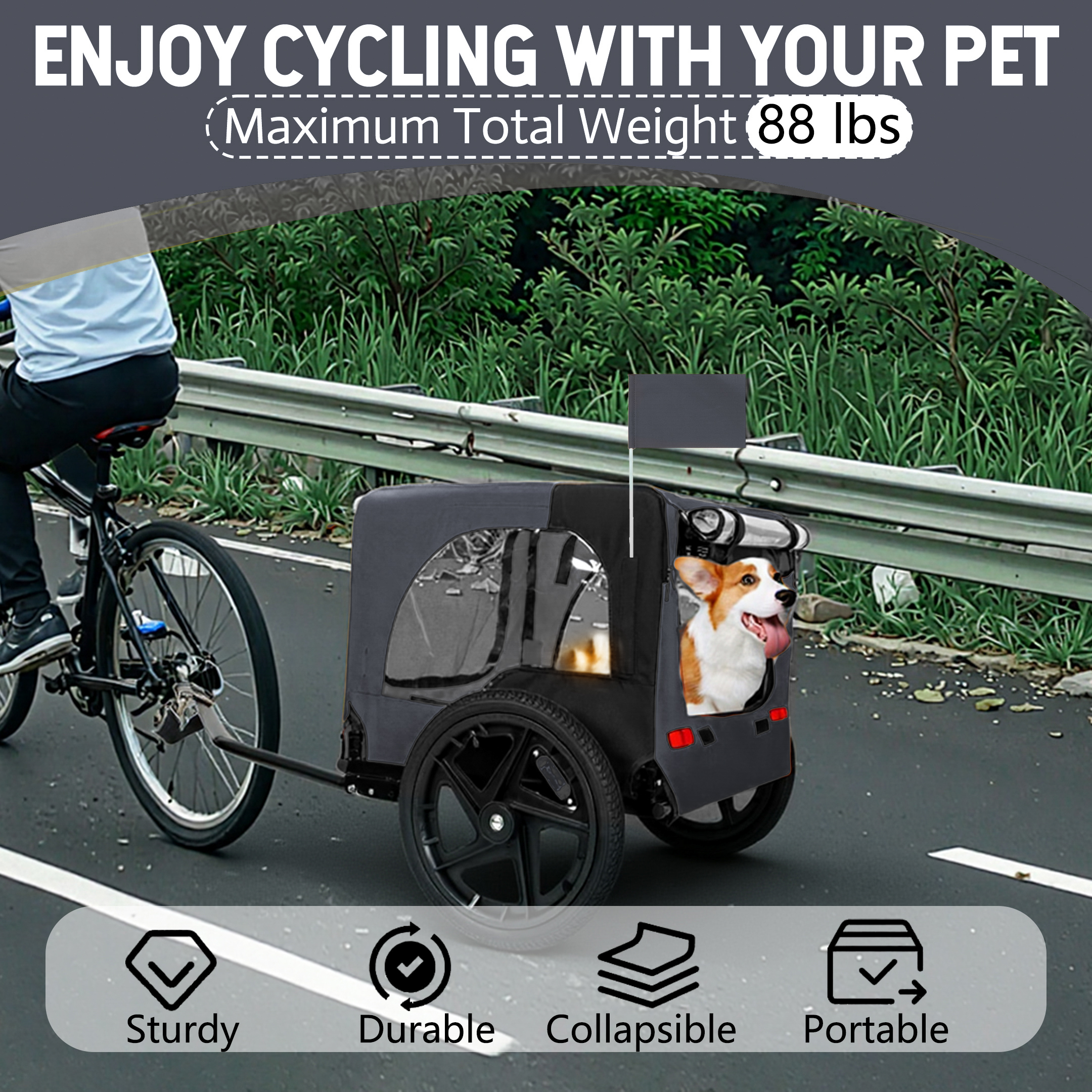 Outdoor Heavy Duty Collapsible Pet Bike Trailer With 16-Inch All-Terrain Wheels & Universal Hitch - Foldable Dog Cargo Carrier Cart For Bicycles, Black Dark Gray — image 3
