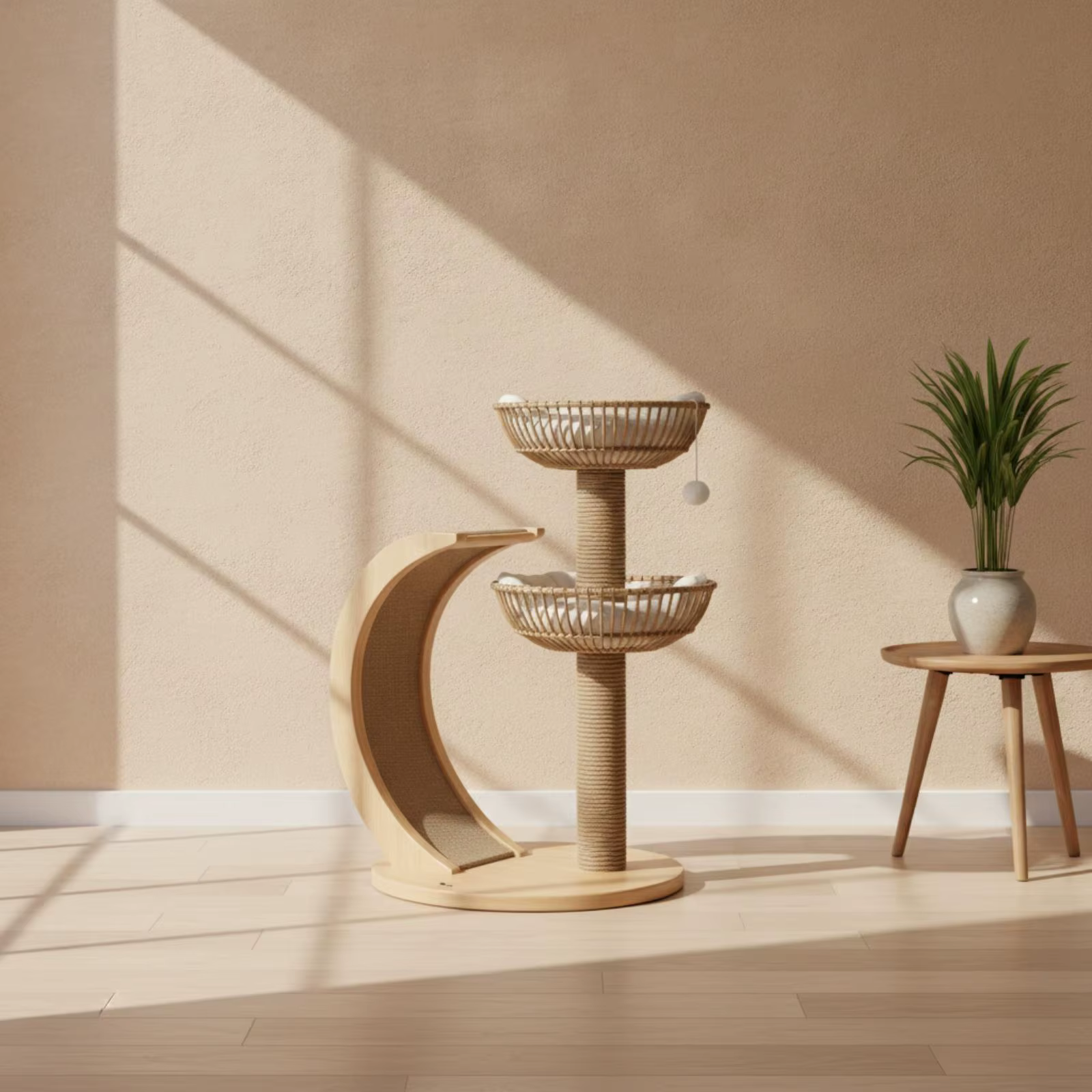Wooden Cat Tree with Rattan Perch Compact Cat Tree with Perch Sturdy for Kittens — image 3