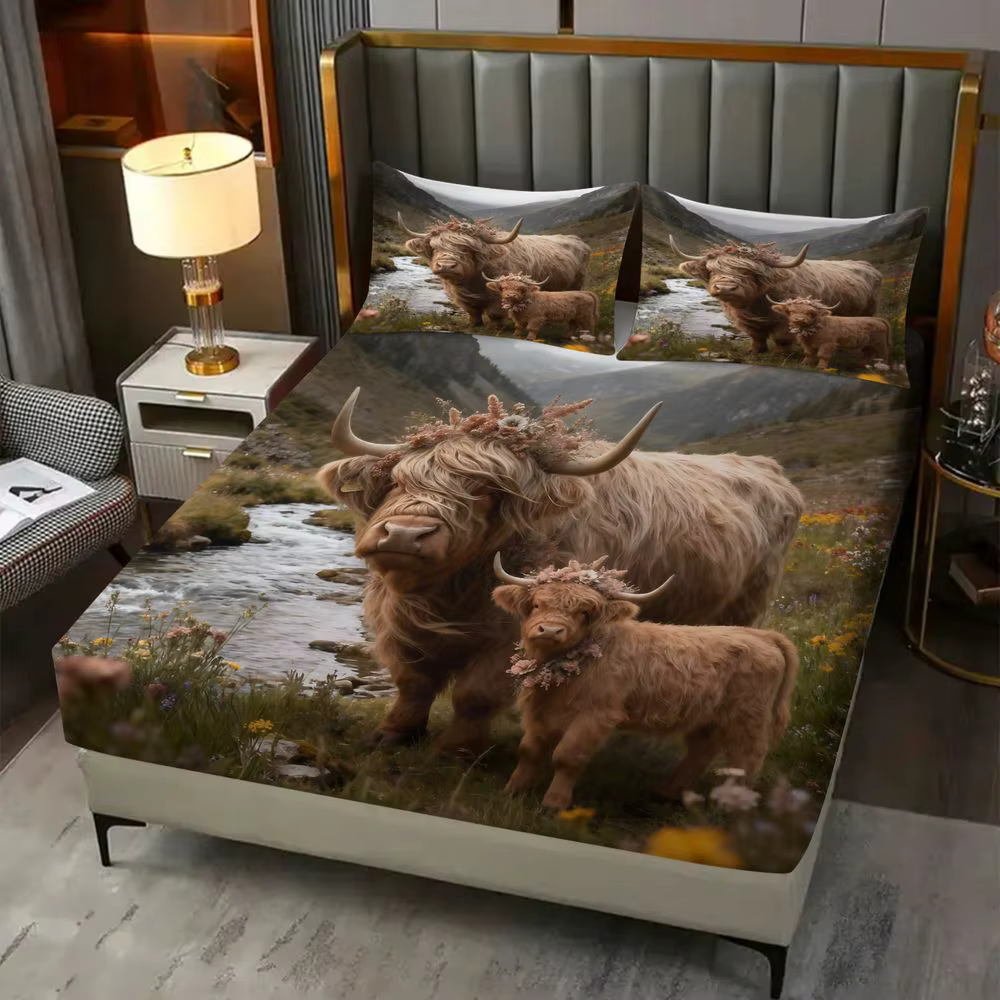 Juego de cama floral de vaca Highland de 3 piezas (1 sábana ajustable + 2 fundas de almohada), juego de sábanas suaves, decoración de dormitorio estilo granja — imagen 6