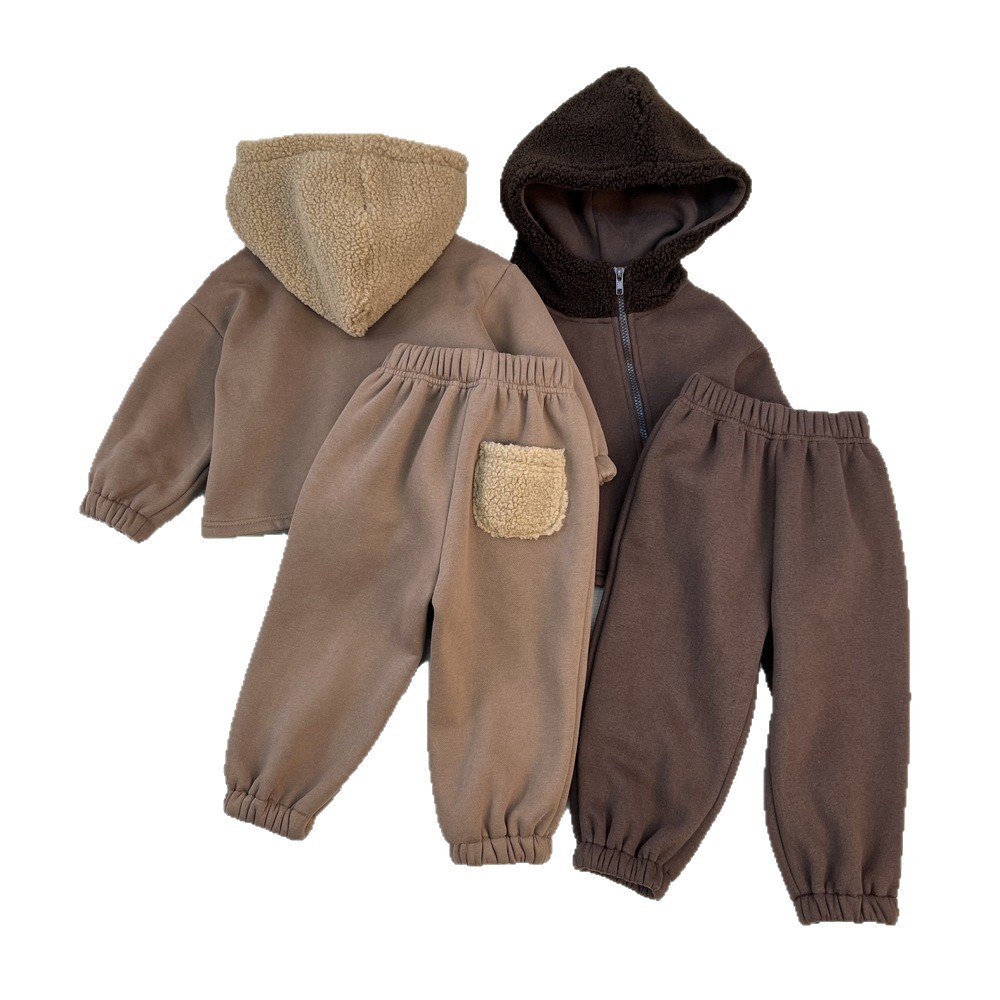 Children's fleece hoodie color blocked lamb wool set — image 6