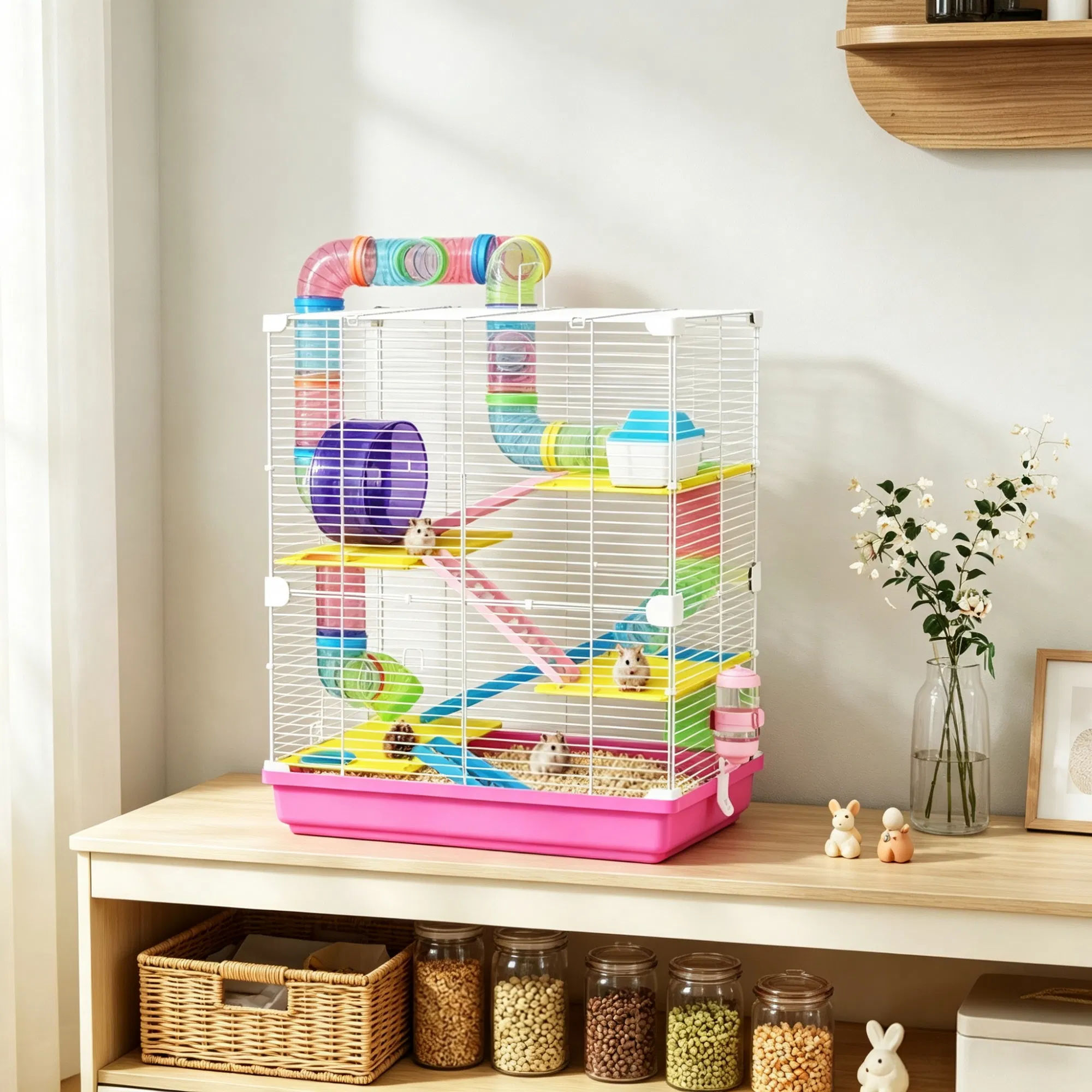 Pink 5-Tier Portable Hamster Cage for Short Trip Outing, Small Animal Travel Carrier with Tunnel Tubes — image 6