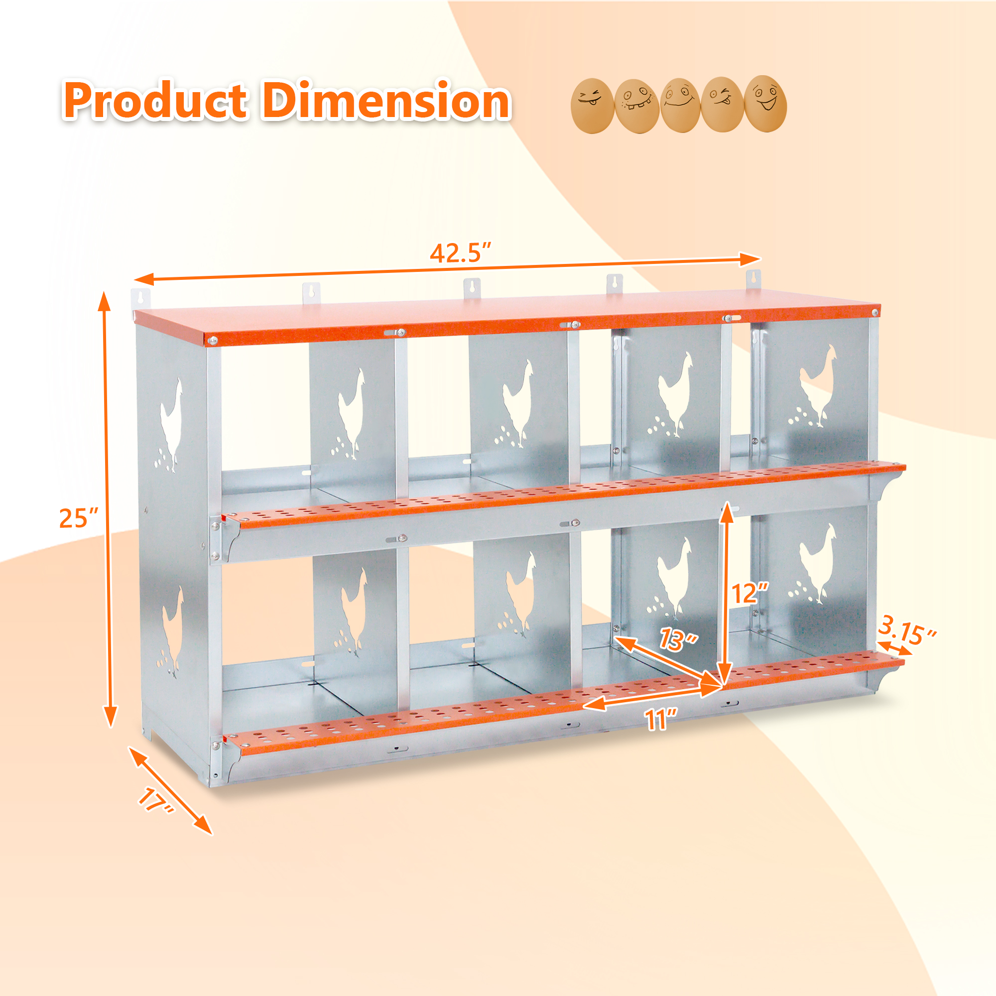 8-Bay Metal Nest Box-Wall Mount For Hens Ducks, Easy Egg Assembly, Vented Galvanized Steel Coop Equipment Orange — imagen 5