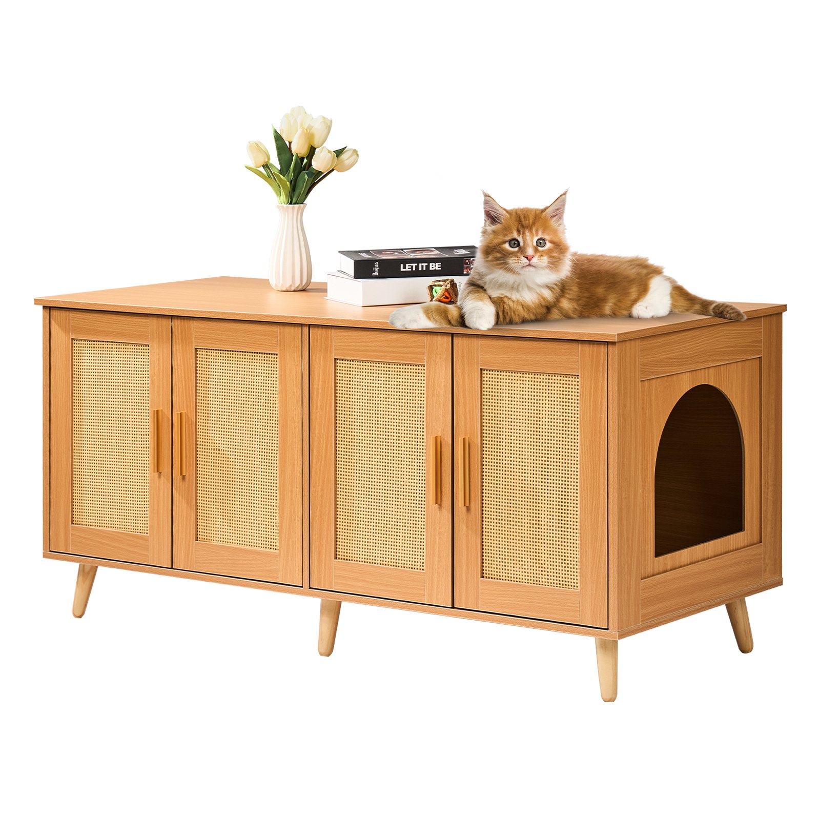 Caja de Lecho para Gatos con Encierro, Decoración de Puertas de Rattán Natural, Armario de Madera para Lugar de Lecho Oculto, 47.2"L x 19.7"A x 21.7"H — imagen 1