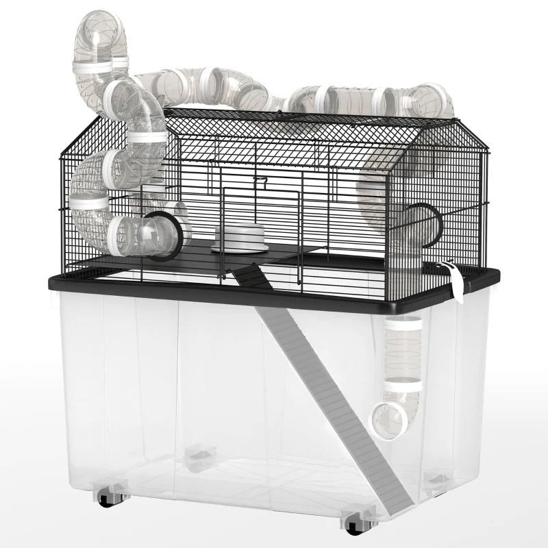 2 Tier Hamster Cage With 12 Deep Tray, Tube System, Water Bottle, Ramp, Feeding Bowl, Black — imagen 2