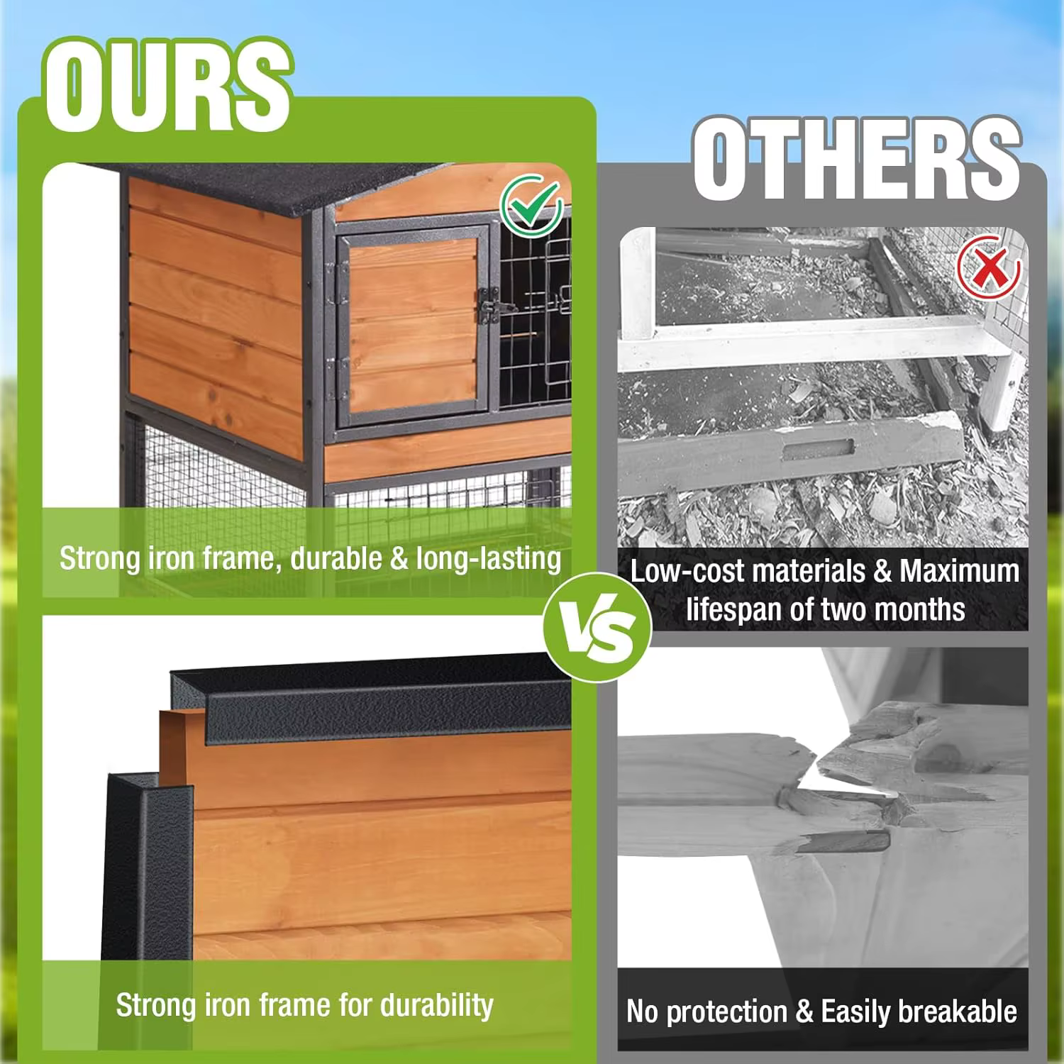 Conejera de 2 Pisos con Estructura de Metal Completa a Prueba de Mordidas para Interior/Exterior - Jaula para Conejos de 62" con 6 Ruedas con Freno, Personalizable — imagen 3