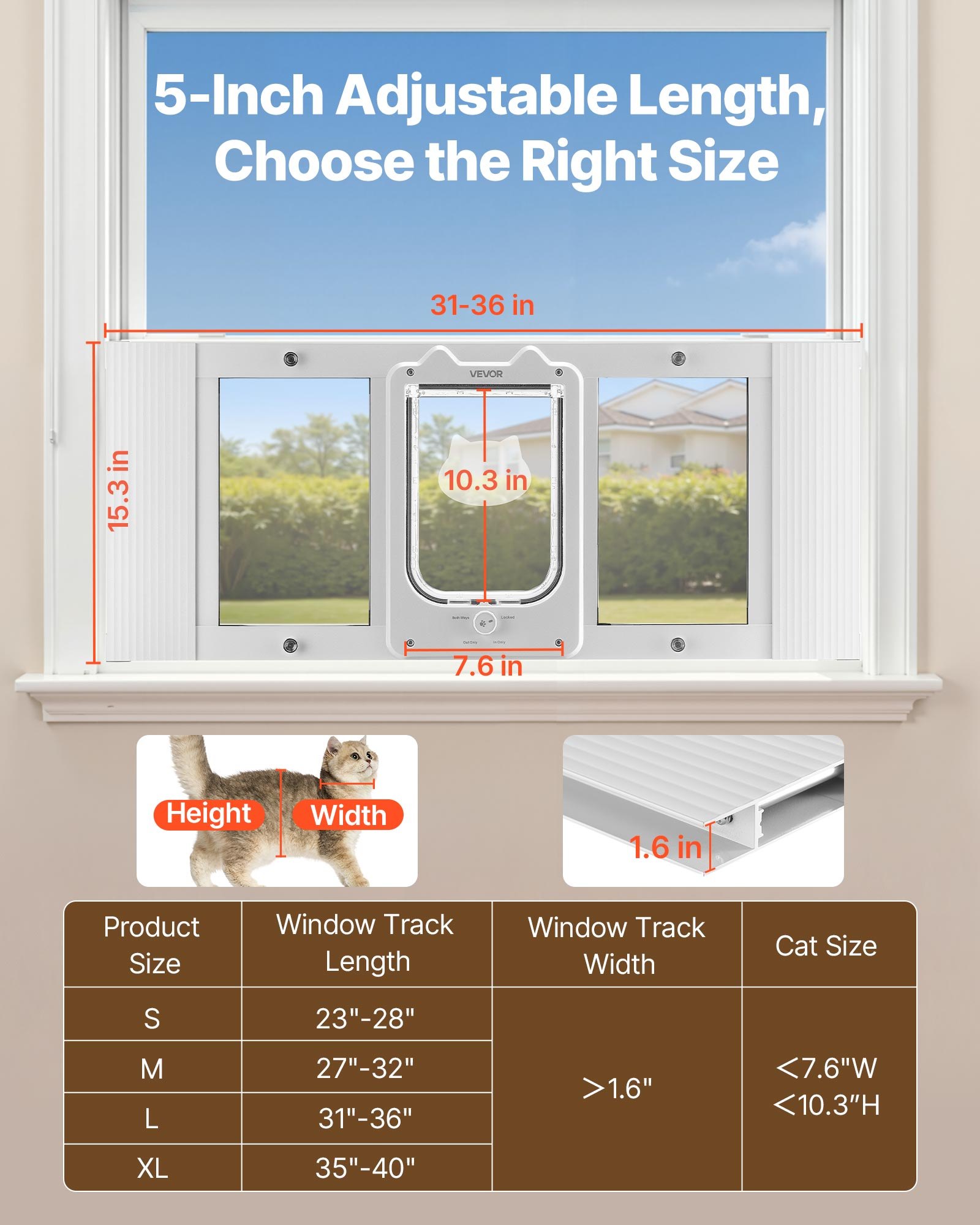 Puerta para Gatos en la Ventana, Ajustable 31"-36", 4 Modos de Bloqueo Seguros, Estructura de Aluminio y Vidrio de Alta Transparencia, Cierre Magnético, Puerta Rápida y Resistente al Tiempo para Mascotas de Interiores, Blanco — imagen 3