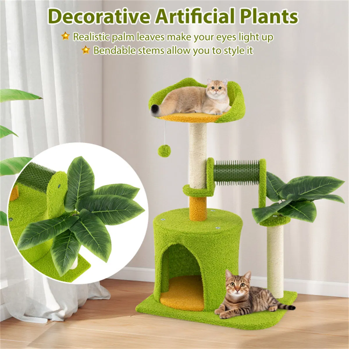 Cat Tree - 22LBS Capacity, Palm Tree Design with Self-Groomer & Scratching Posts — image 9