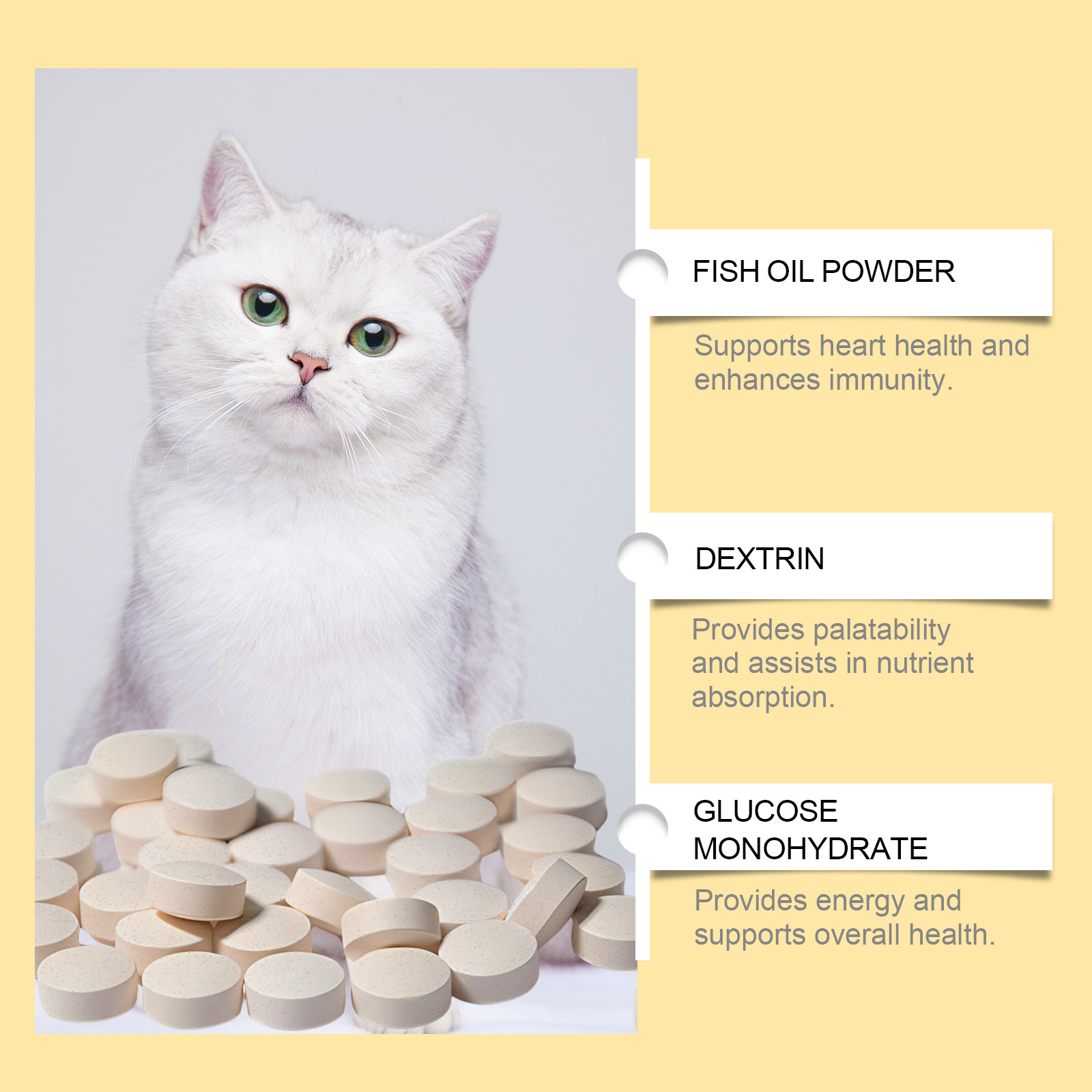 Tabletas de Aceite de Pescado Clase 3 para Gatos, Suplemento Multivitamínico para Pelaje y Corteza, Apoya Salud Inmunológica, Cardíaca y Ósea, 60 Tabletas Chupables — imagen 3