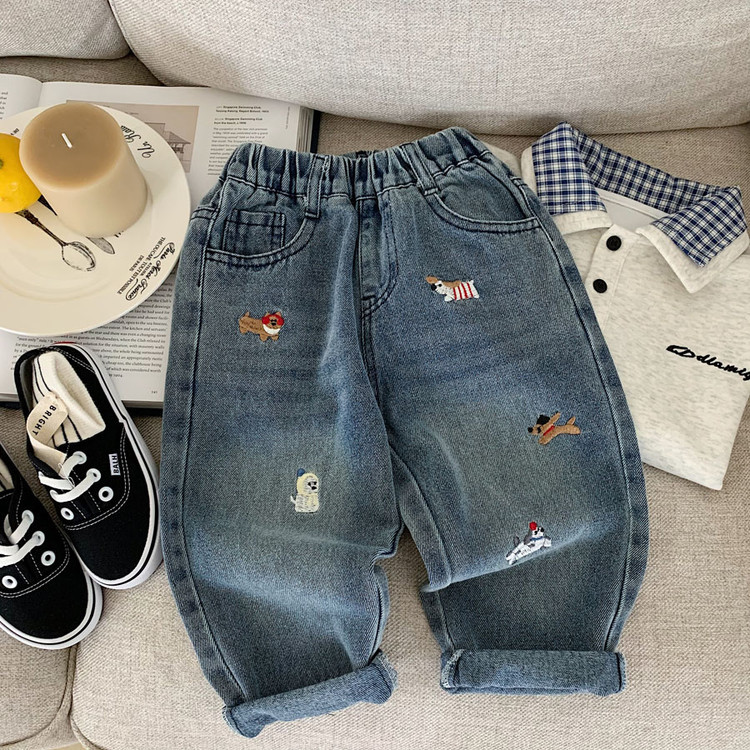 Embroidered puppy denim baby straight leg pants — image 5
