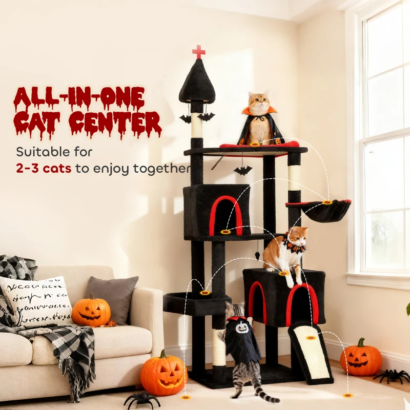 Gothic Cat Tree, Cat Tower With Coffin Bed, 2 Spacious Condos, Sisal Scratching Posts, Bat Hanging Balls, Halloween — imagen 5