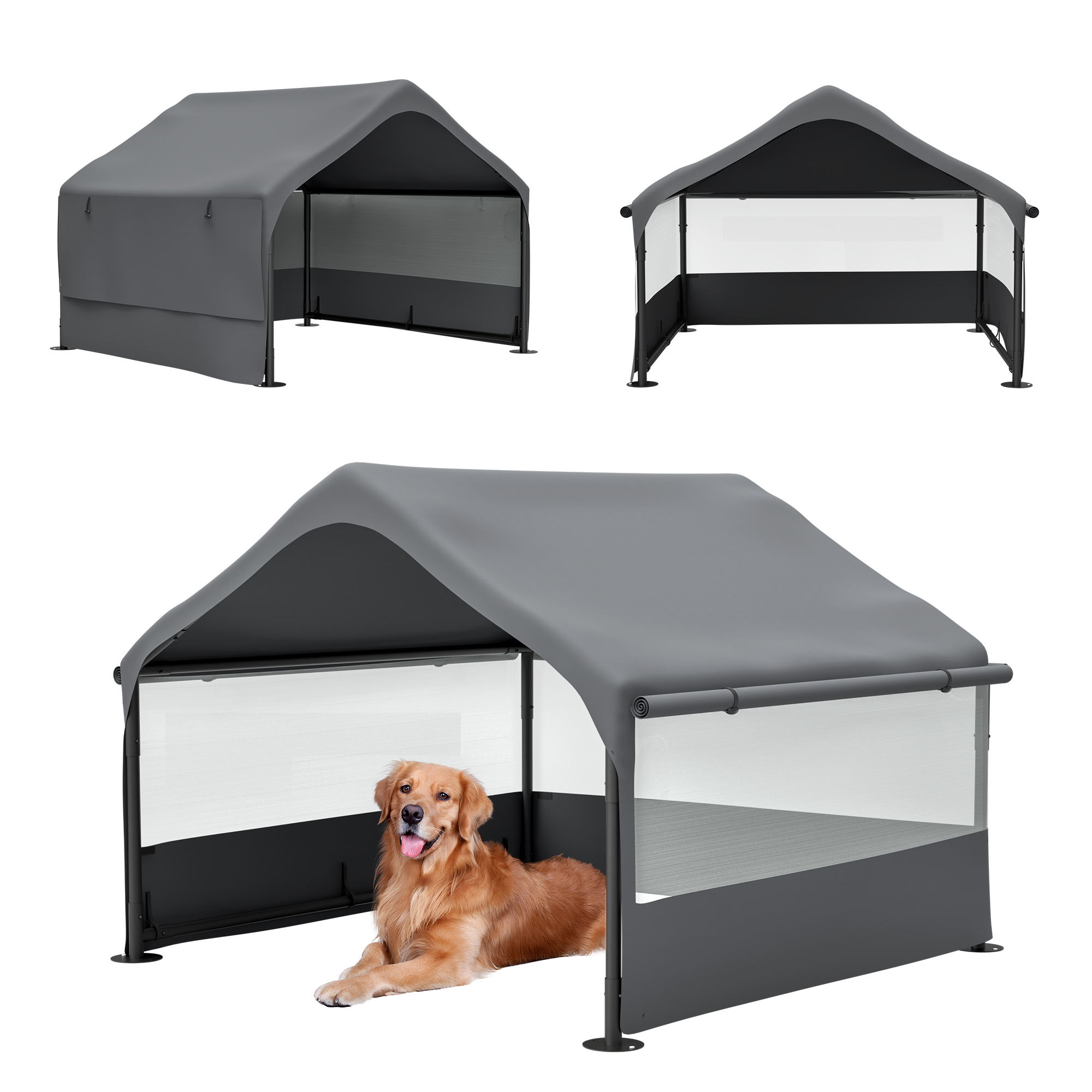Tenda de Perro Externa Grande con Ventanas de Malla Tres Lados, Cubierta Transpirable para Sol y Lluvia, Refugio Exterior para Perros, Gatos, Ganado 4' x 4' x 3.3', Gris — imagen 1