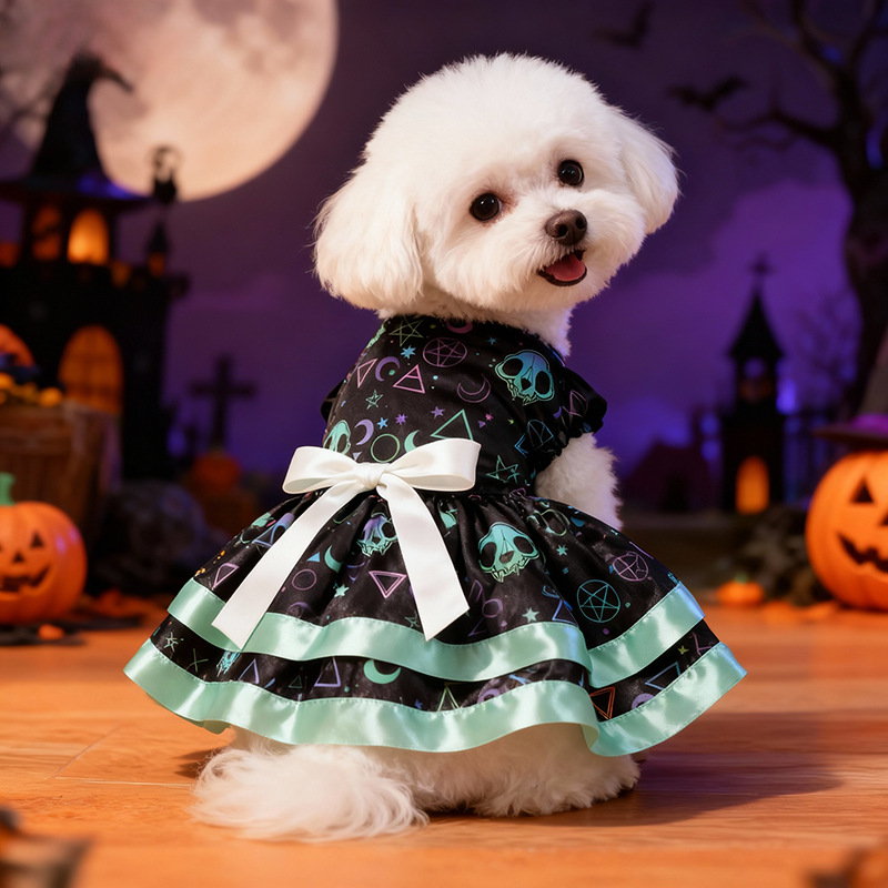 Pet Clothes Dog Halloween Pumpkin Colorful Skull Halloween Party Dress Double Layer Bow Skirt — image 4