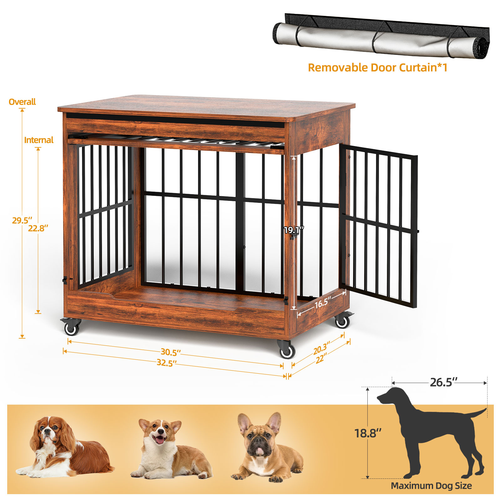 Dog Crate Furniture, Double Door Wooden Indoor Dog Kennel Furniture, Decorative Pet Cage End Table With Wheels For Medium And Small Breed Dogs, Size M, Greige — image 20