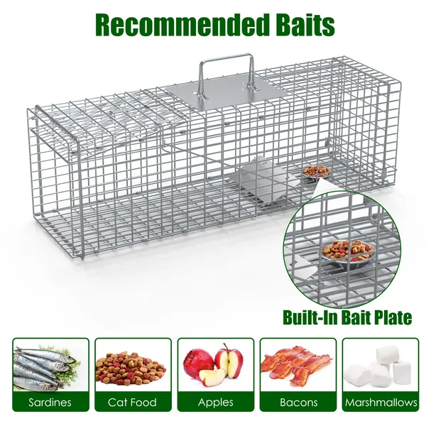 Live Animal Trap Cage 27x7.5x8in Folding Catch And Release Steel Humane Cat Trap For Racoons Stray Cats Rabbits Beavers Hedgehogs Chipmunk Small Animals — imagen 2