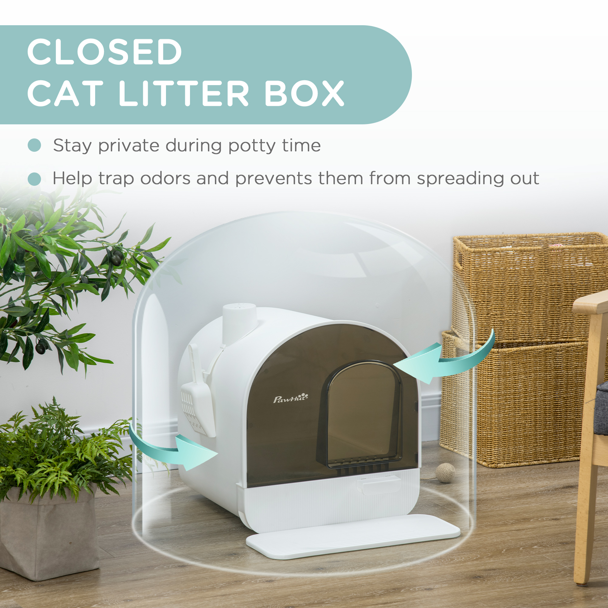 Caja de Arena para Gatos con Tapadera y Cuchara, Blanco — imagen 3