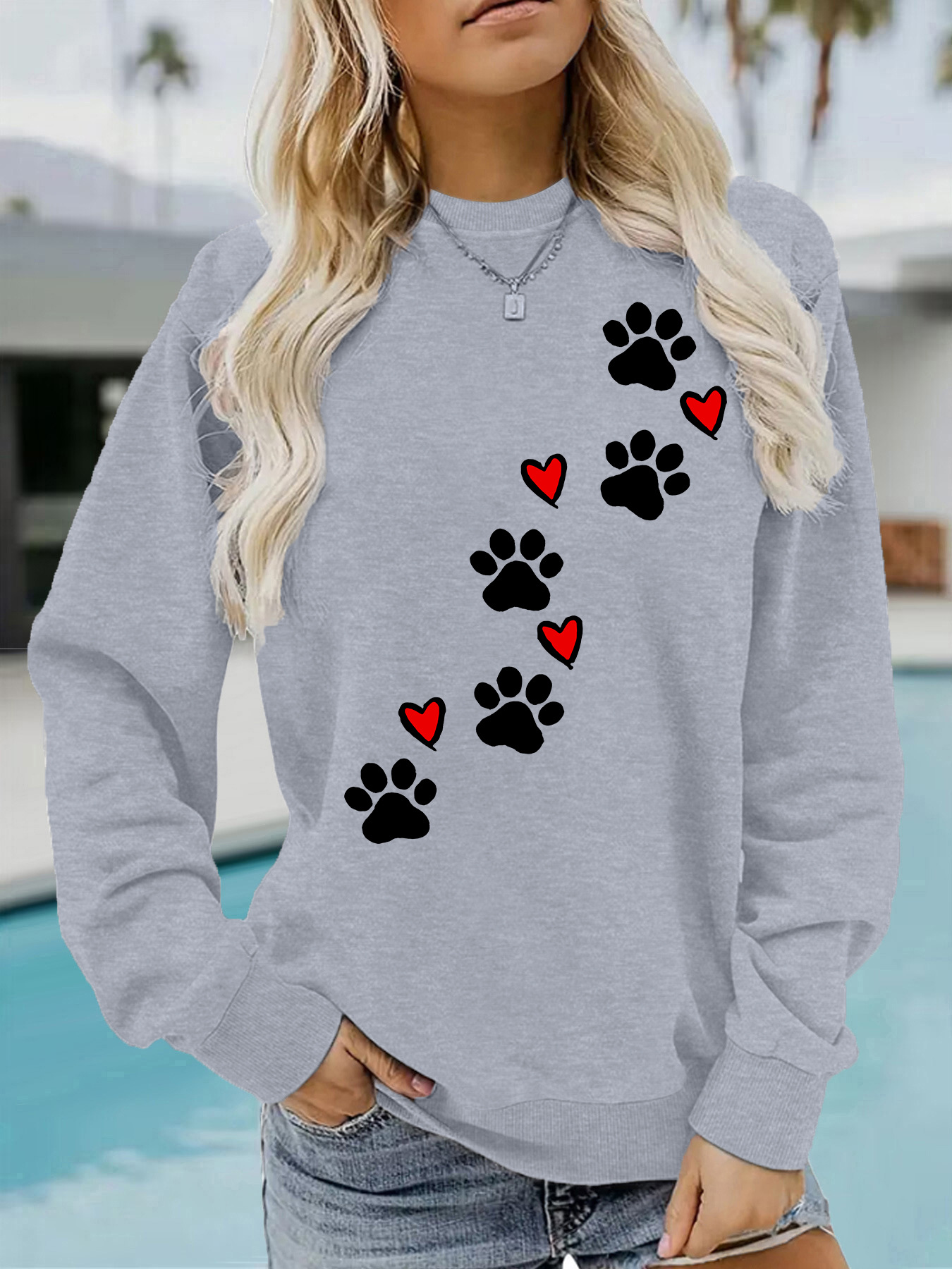 Cat paw print round neck fleece hoodie — image 8