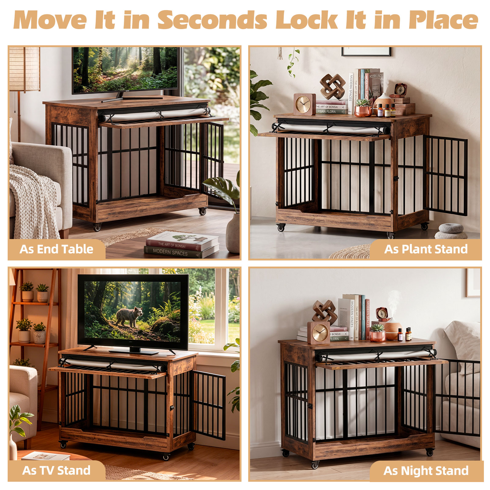 Dog Crate Furniture, Double Door Wooden Indoor Dog Kennel Furniture, Decorative Pet Cage End Table With Wheels For Large And Medium Breed Dogs, Size L, Greige — image 16