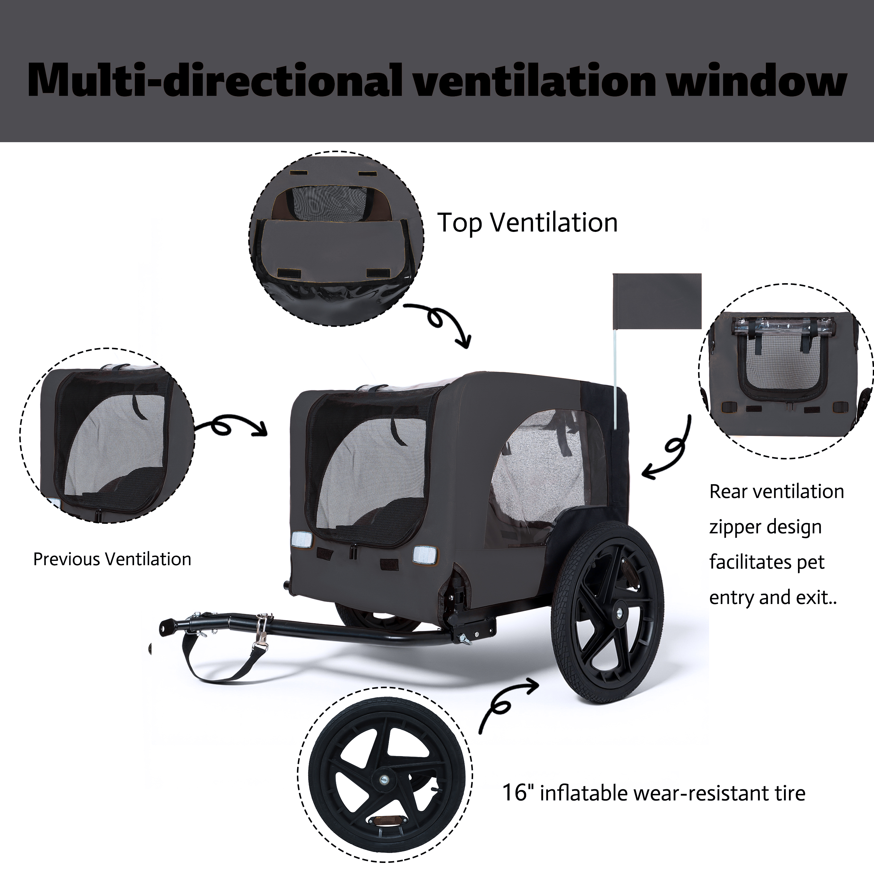 Outdoor Heavy Duty Collapsible Pet Bike Trailer With 16-Inch All-Terrain Wheels & Universal Hitch - Foldable Dog Cargo Carrier Cart For Bicycles, Black Dark Gray — image 4