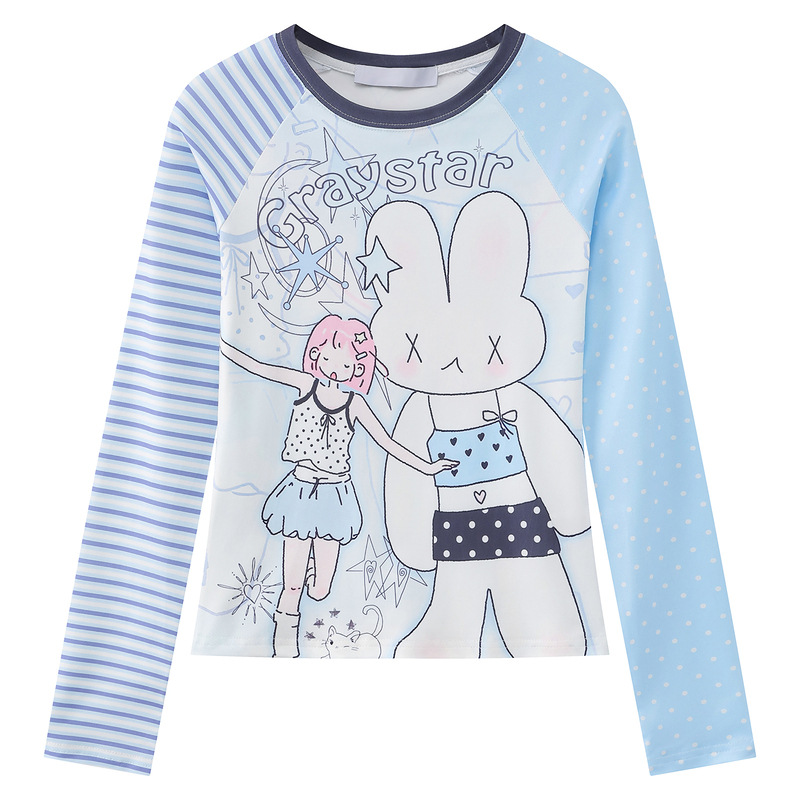 Cute rabbit girl patchwork shoulder long sleeved T-shirt — image 2