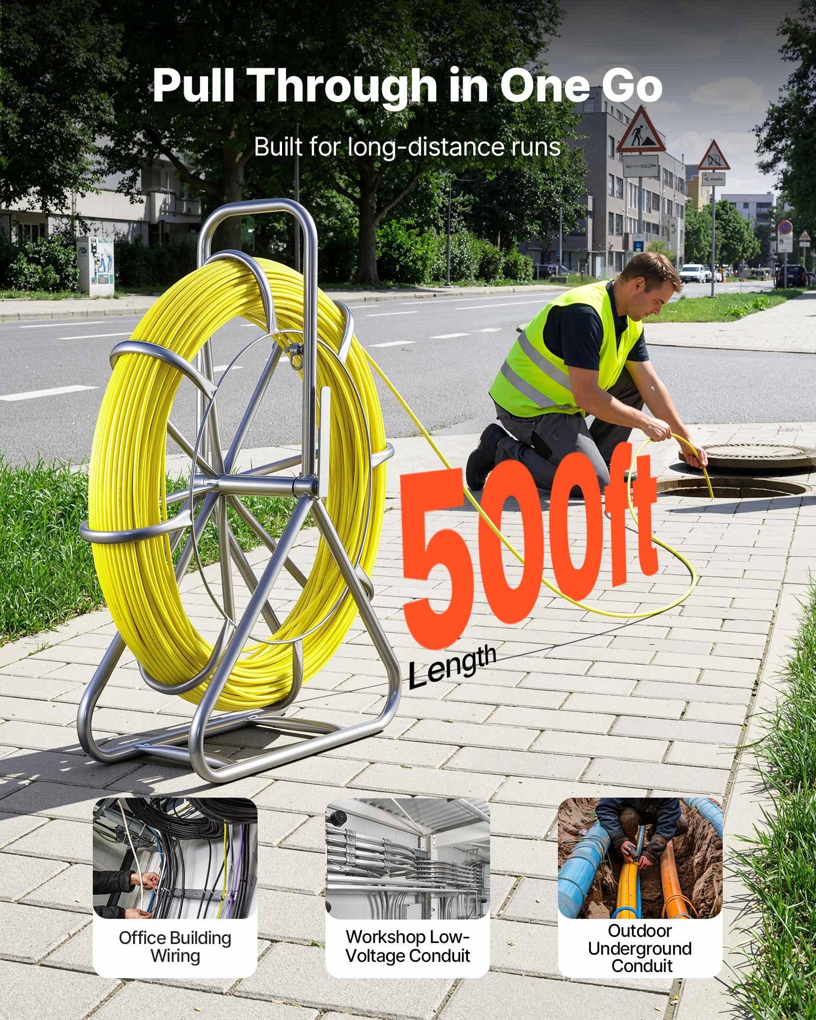 Fish Tape Fiberglass, 500FT 6.3MM, Duct Rodder Fishtape Wire Puller With Stand, 1/4-Inch Cable Running Rod, Marked Every 5 Feet, Fishing Tools For Walls And Electrical Conduit, Non-Conductive — image 5