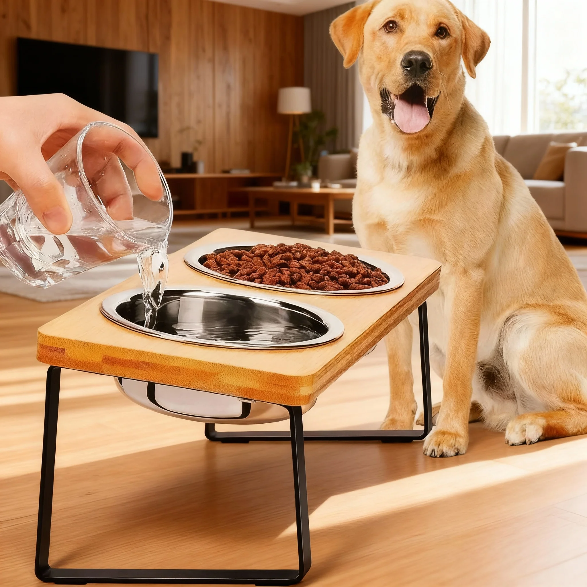 Plato Elevado para Gatos en Madera con Pendiente de 15° Protección de Cuello con 2/3 Plato de Acero Inoxidable Neckería para Mascotas Suministros de Animales Domésticos
