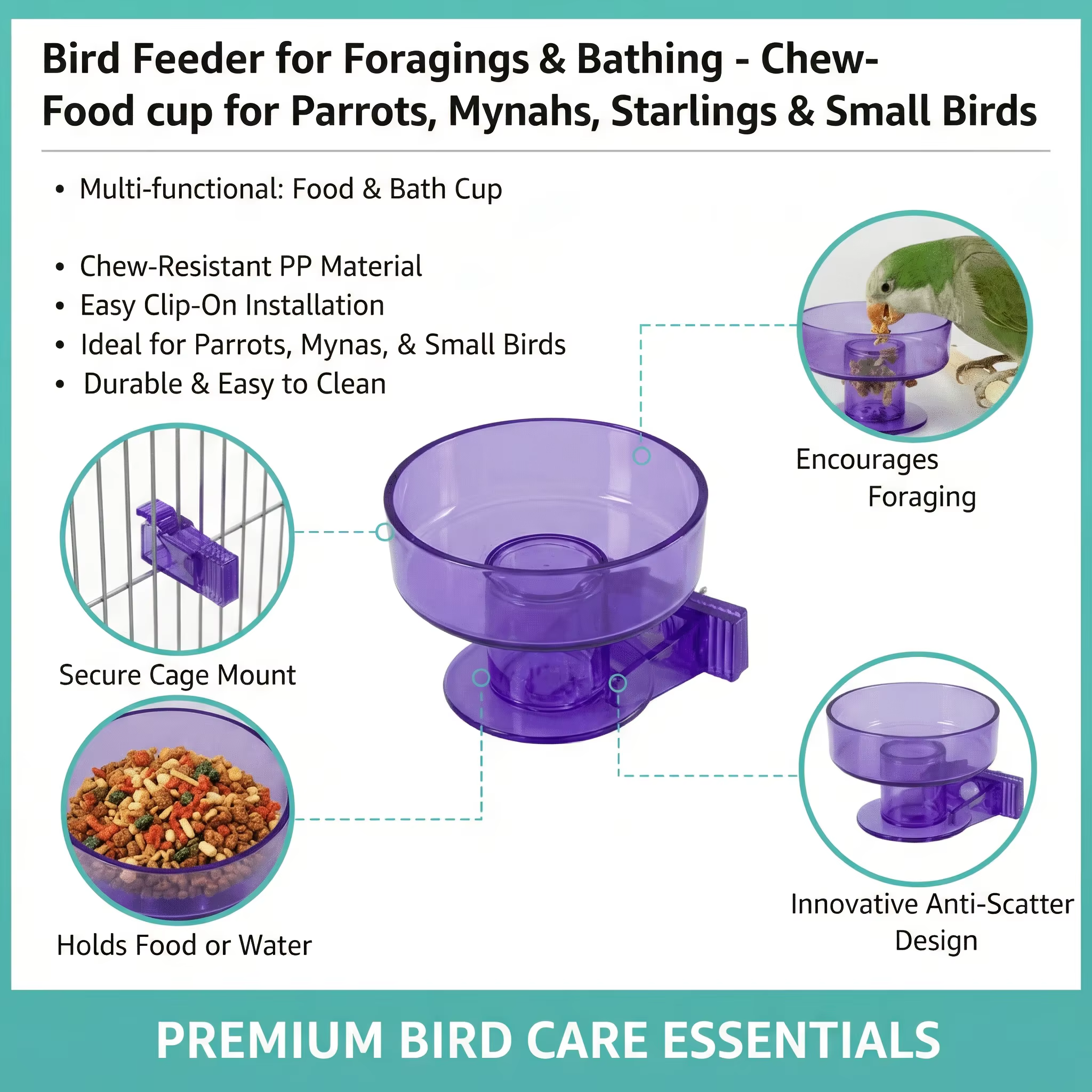 Bird Cage Bath/Removable Cage Bowl, Quick Lock Design, Bath with Clear Plastic Ridges for Perching, for Small-medium Birds, Feeding — image 5