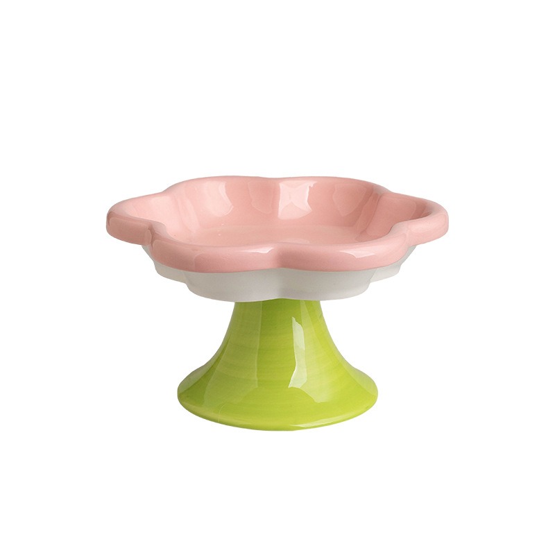 Flower Cat Bowl Ceramic Cat Bowl Cat Food Bowl Eating and Drinking Water High Feet Protection Cervical Neck Pet Food Bowl — image 1