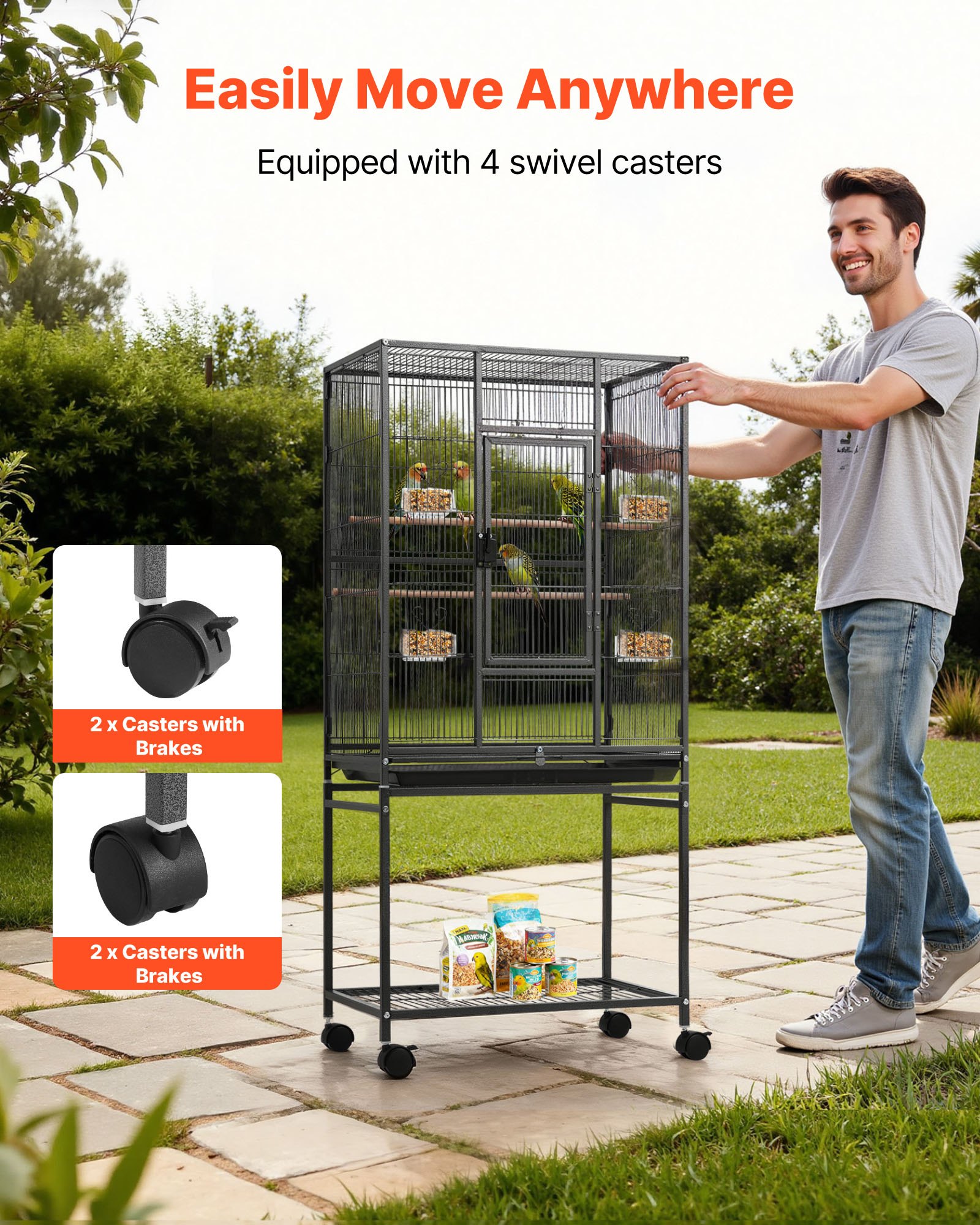 Bird Cage, 24.6 X 16.7 X 53.9 Inch, Flat Top, Wrought Iron Bird Flight Cage With Perches, Slide-Out Tray And Plastic Feeders, Casters, For Parrot, Blue Tit, Cockatiel, Canary, Budgerigar, Conure — imagen 4