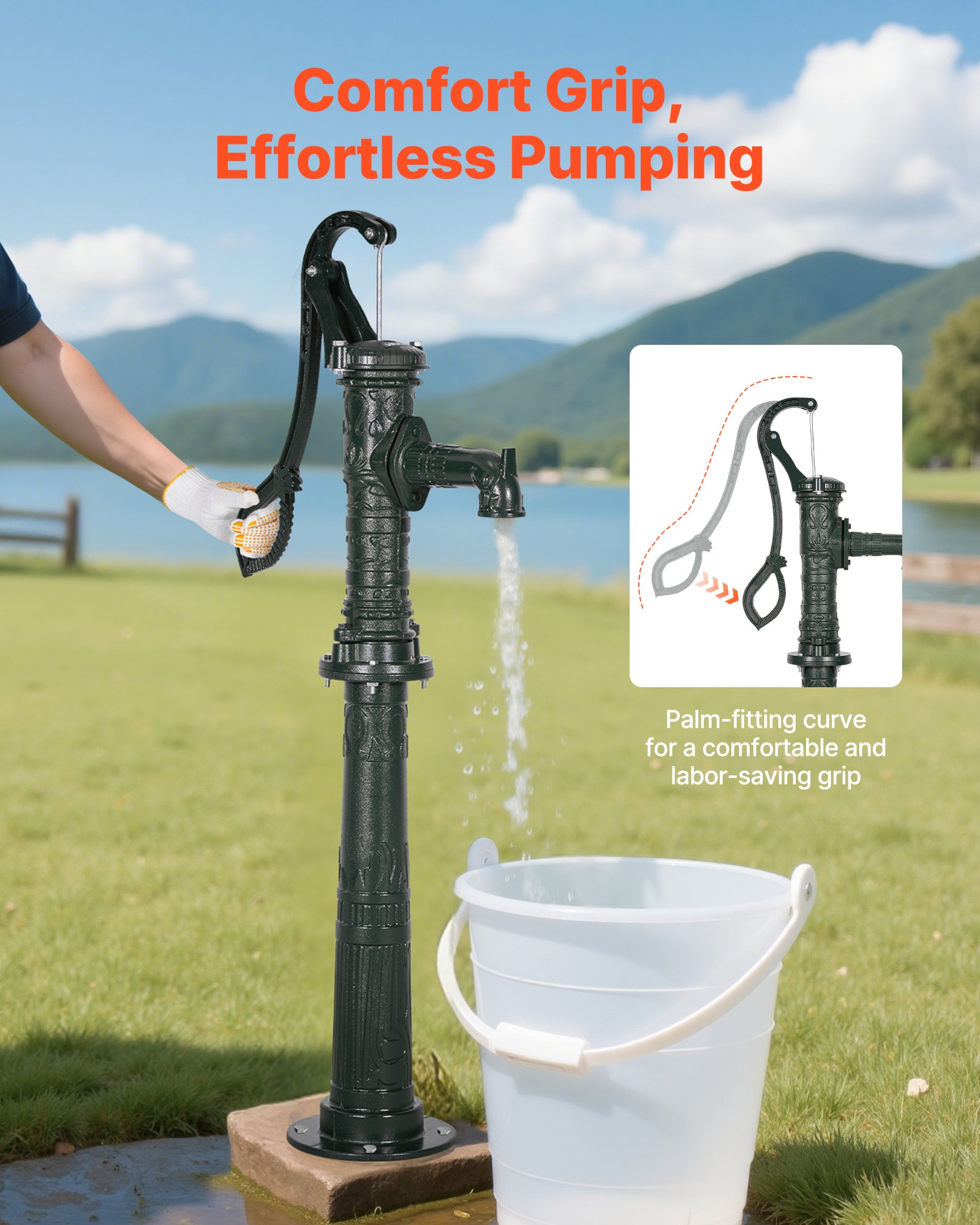Pompa de Mano Manual de Hierro Fundido Antiguo, 20 Ft Máximo Ascenso, Diseño Clásico con Base para Elevar, Conexión NPT 1-1/4 Pulgadas, Instalación Fácil, Para Jardín, Piscina, Cuenca, Granja y Acuicultura — imagen 2